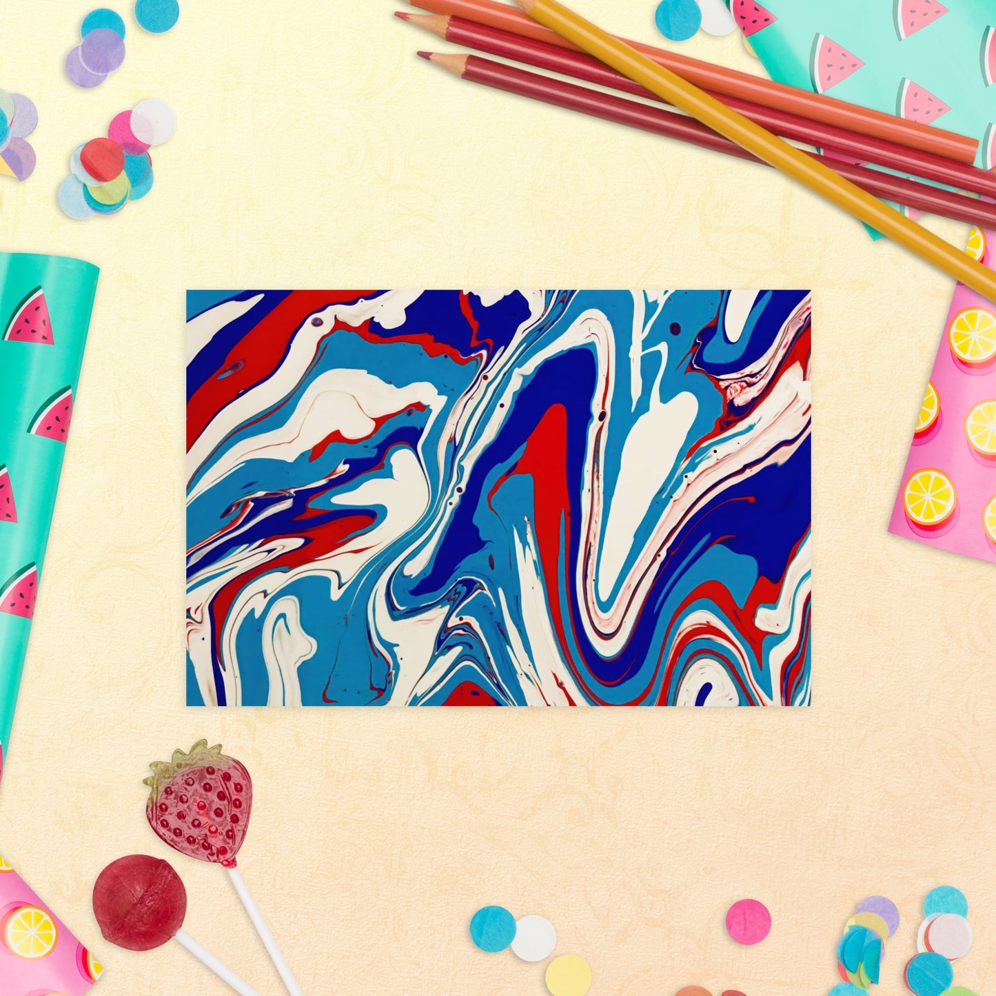 Vibrant Standard Postcard - Red, White & Blue Acrylic Flow Painting - Stylish, Elegant And Unique Abstract Art Gift for Modern Art Lovers
