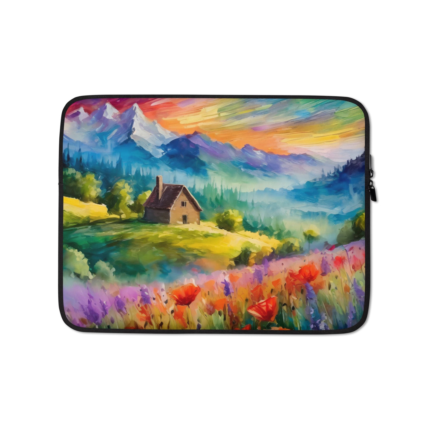 Artistic Van Gogh Style Laptop Sleeve - Scenic Mountain Sunset, Multicolored Sky, Cozy Cabin & Vibrant Flowers - Stylish Protective Case