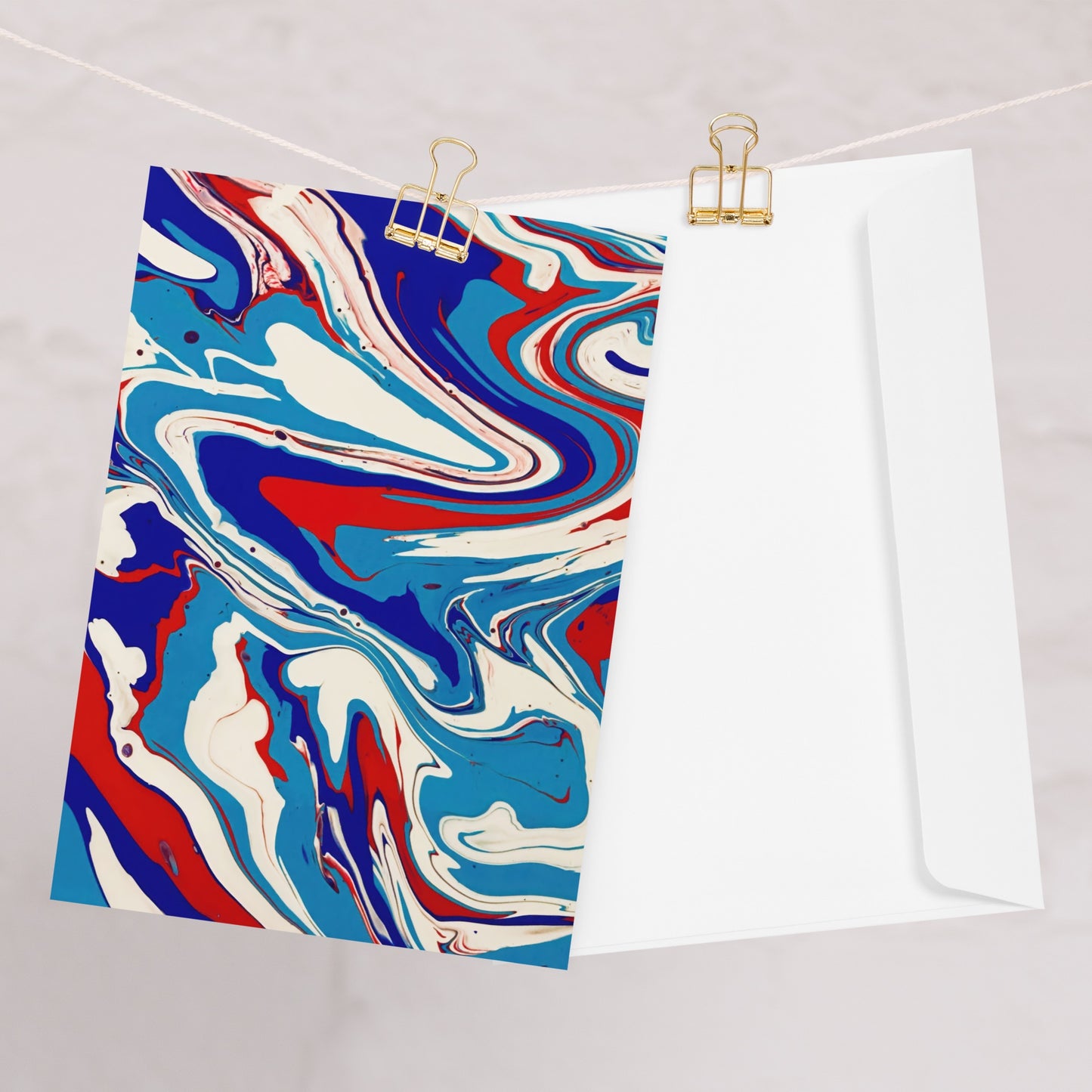 Elegant Acrylic Flow Painting Greeting Card - Vibrant Red, White, and Blue Abstract Art Gift For Every Day Messages And Special Occasions