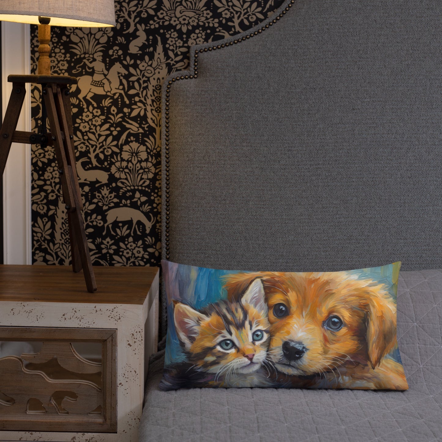Premium Pillow with Vibrant Oil Painting of Kitten and Puppy Cuddling | Home Décor | Perfect Gift for Kids, Pet Lovers, Dog & Cat Lovers
