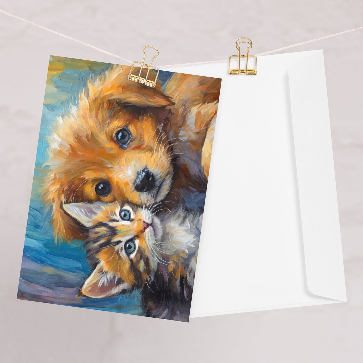 Adorable Kitten And Puppy Cuddling Greeting Card – Vibrant & Stylish Oil Painting - A Perfect Gift For Pet Lovers - Great For Any Occasion