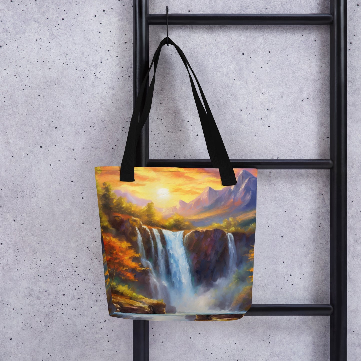 Scenic Mountain Range Tote Bag – Autumn Sunset, Majestic Waterfall, Colorful Artistic Design, Perfect for Home & Country Décor, Ideal Gift