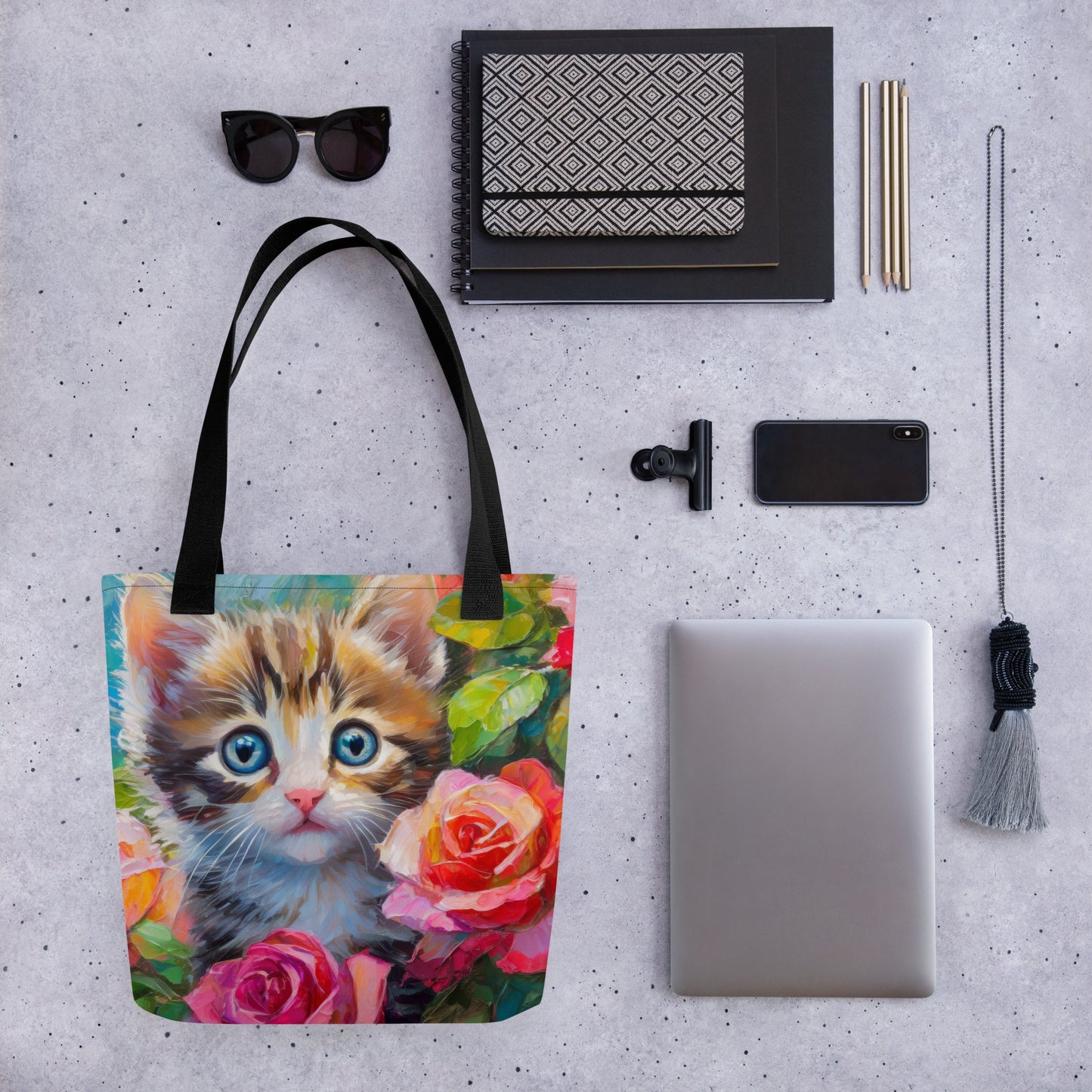 Vibrant Tote Bag With Adorable Kitten In Rose Bush Oil Painting – Perfect Gift For Cat And Flower Lovers, Stylish & Cute Bag For Shopping