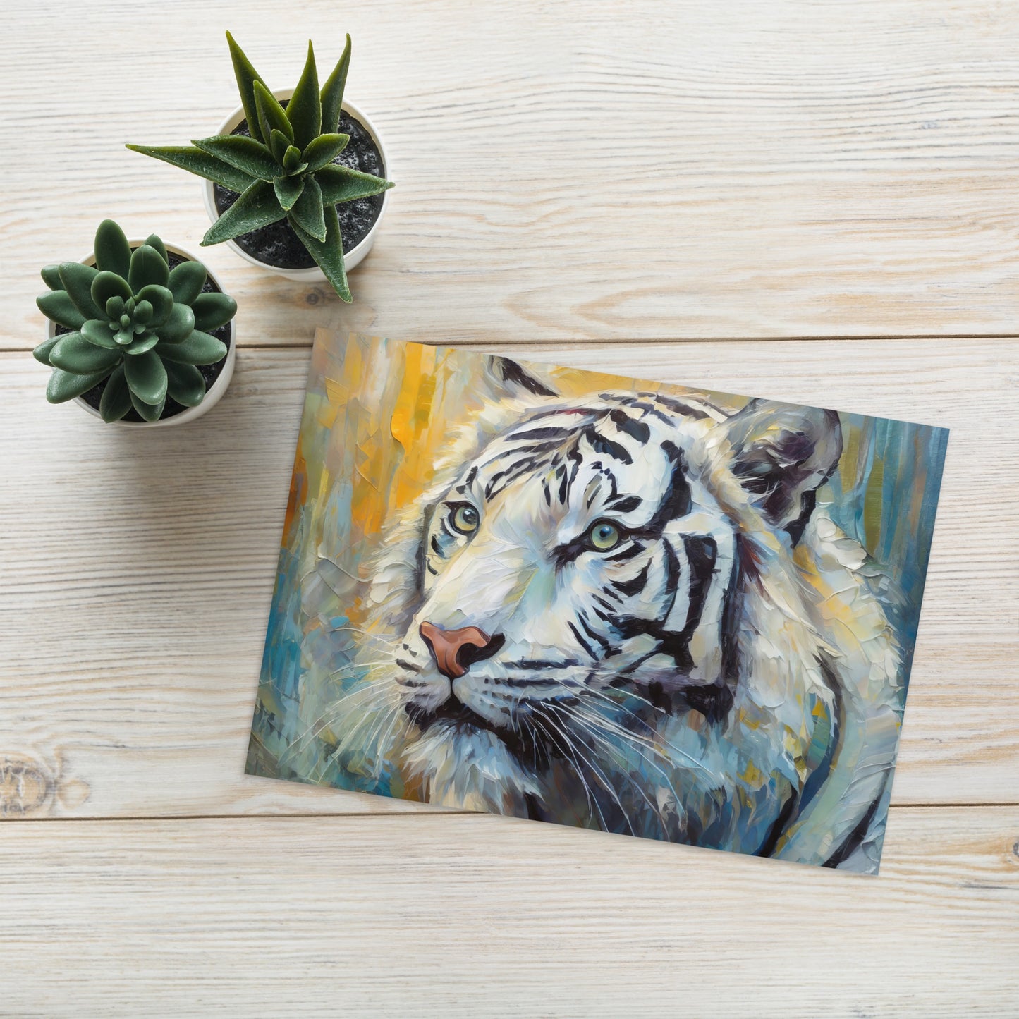 Elegant White Tiger Greeting Card – Beautiful Oil Painting Artwork – Majestic Animal Design – Nature Inspired Card – Stylish Stationary Art