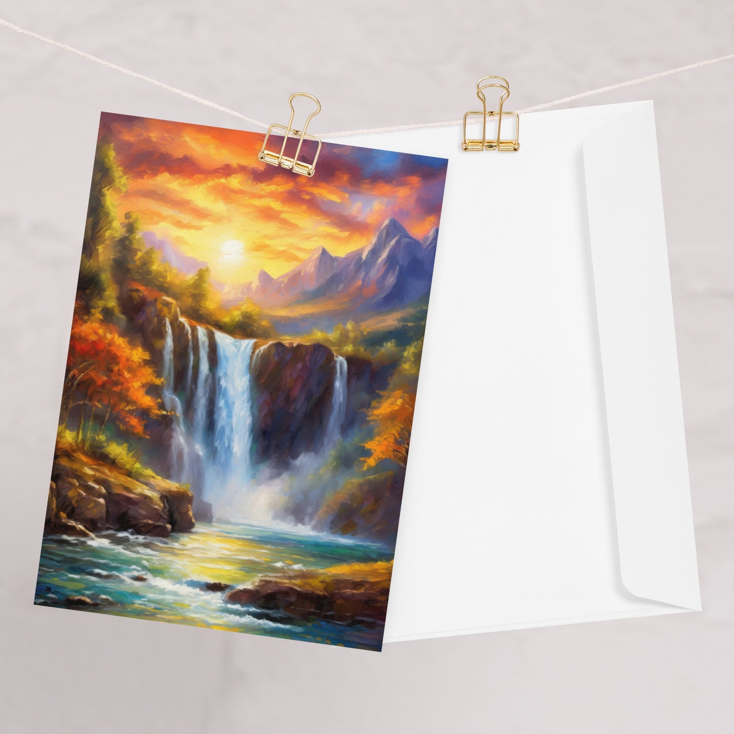 Majestic Waterfall Painting Greeting Card – Stunning Nature Art Print – High-Quality Artwork for Collectors and Nature Enthusiasts