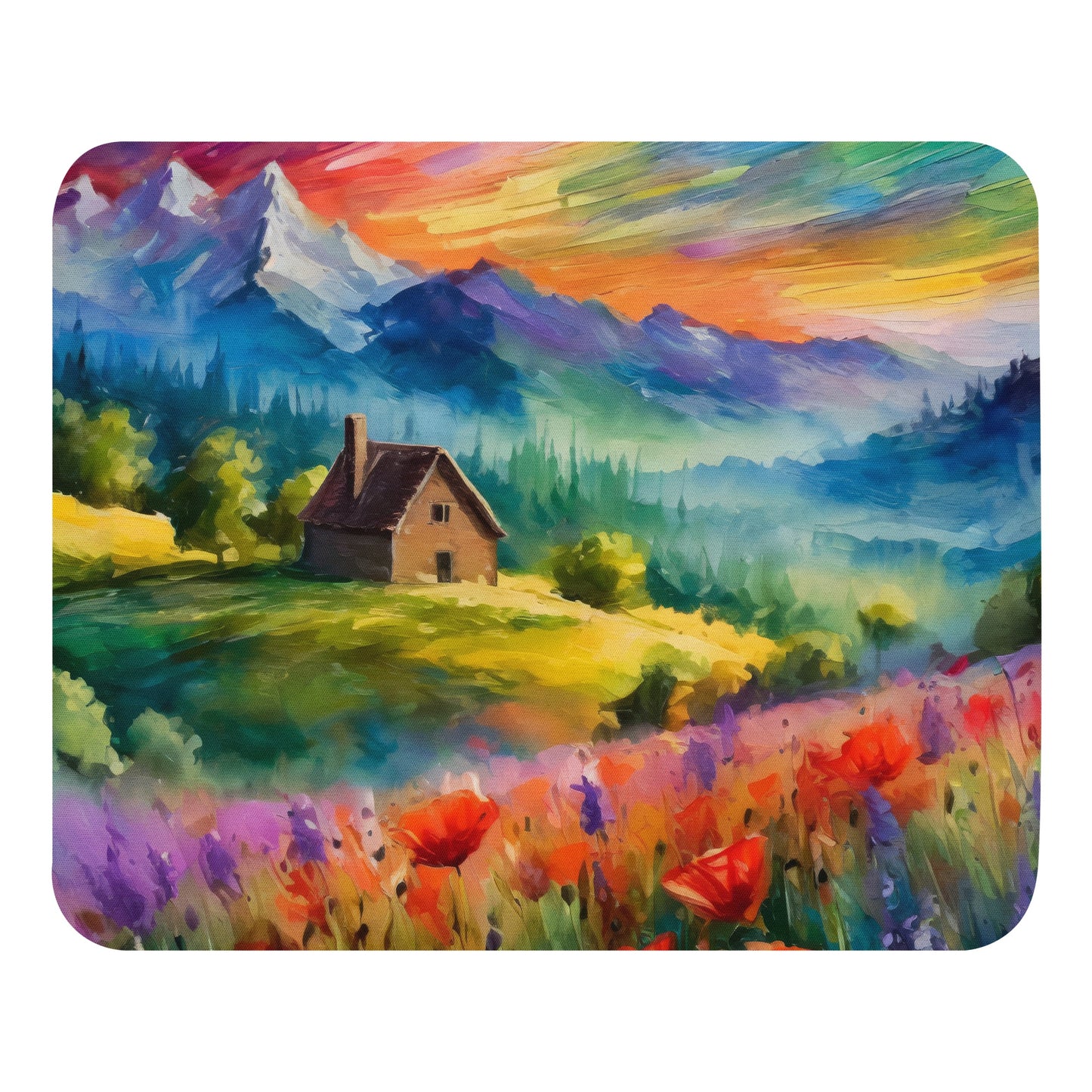 Majestic Mountain Sunset Mouse Pad - Van Gogh Style Oil Painting - Colorful Cabin & Flower Fields - Perfect For Any Room - Great Gift Idea