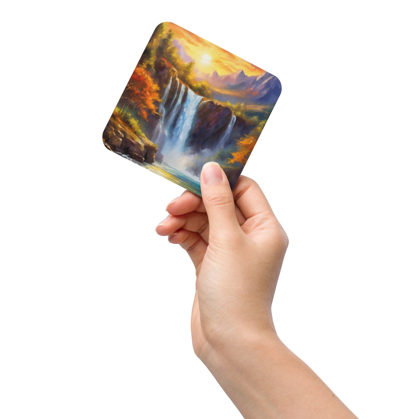 Autumn Sunset Mountain Range Cork-back Coaster - Oil Painting Of A Majestic Waterfall, Home & Café Décor - Beautiful Kitchen And Café Art