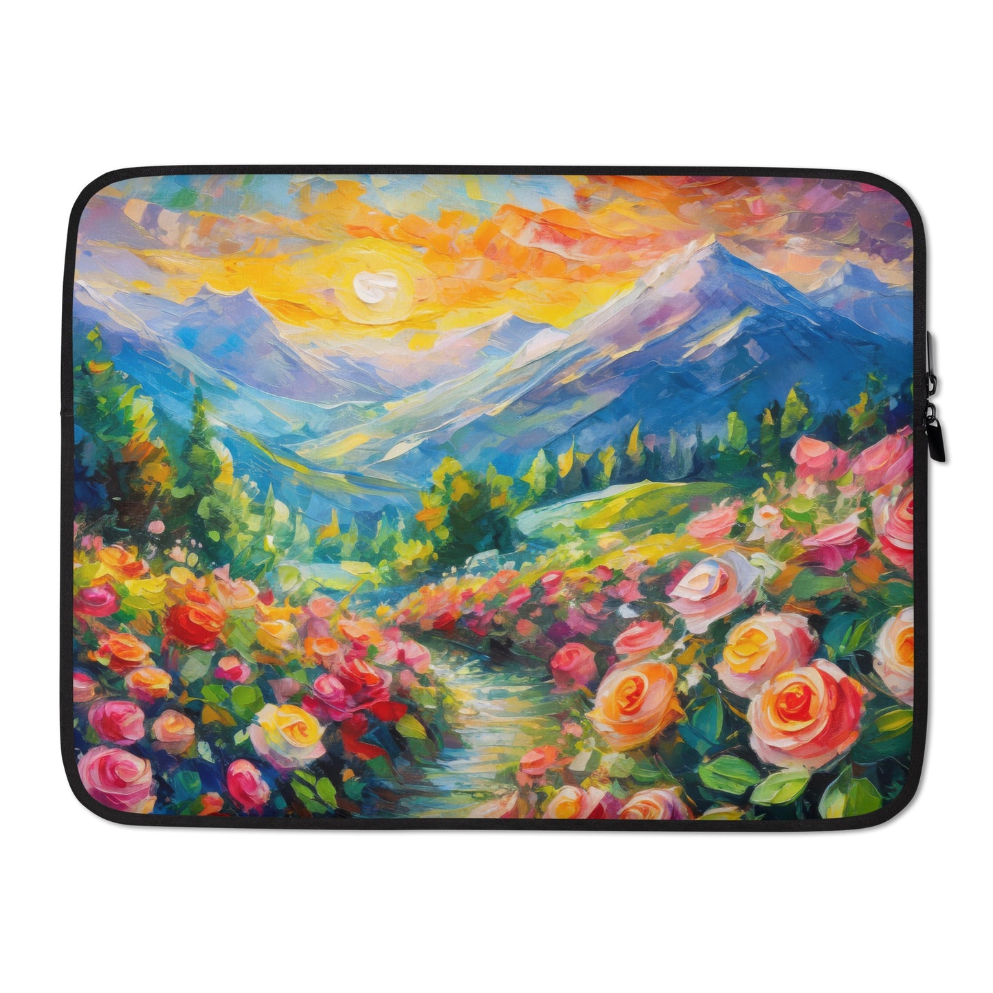 Majestic Mountain Sunset Laptop Sleeve - Vibrant Oil Painting With Roses, Path, And Fun Colorful Stylish Design For Art Lovers And Travelers