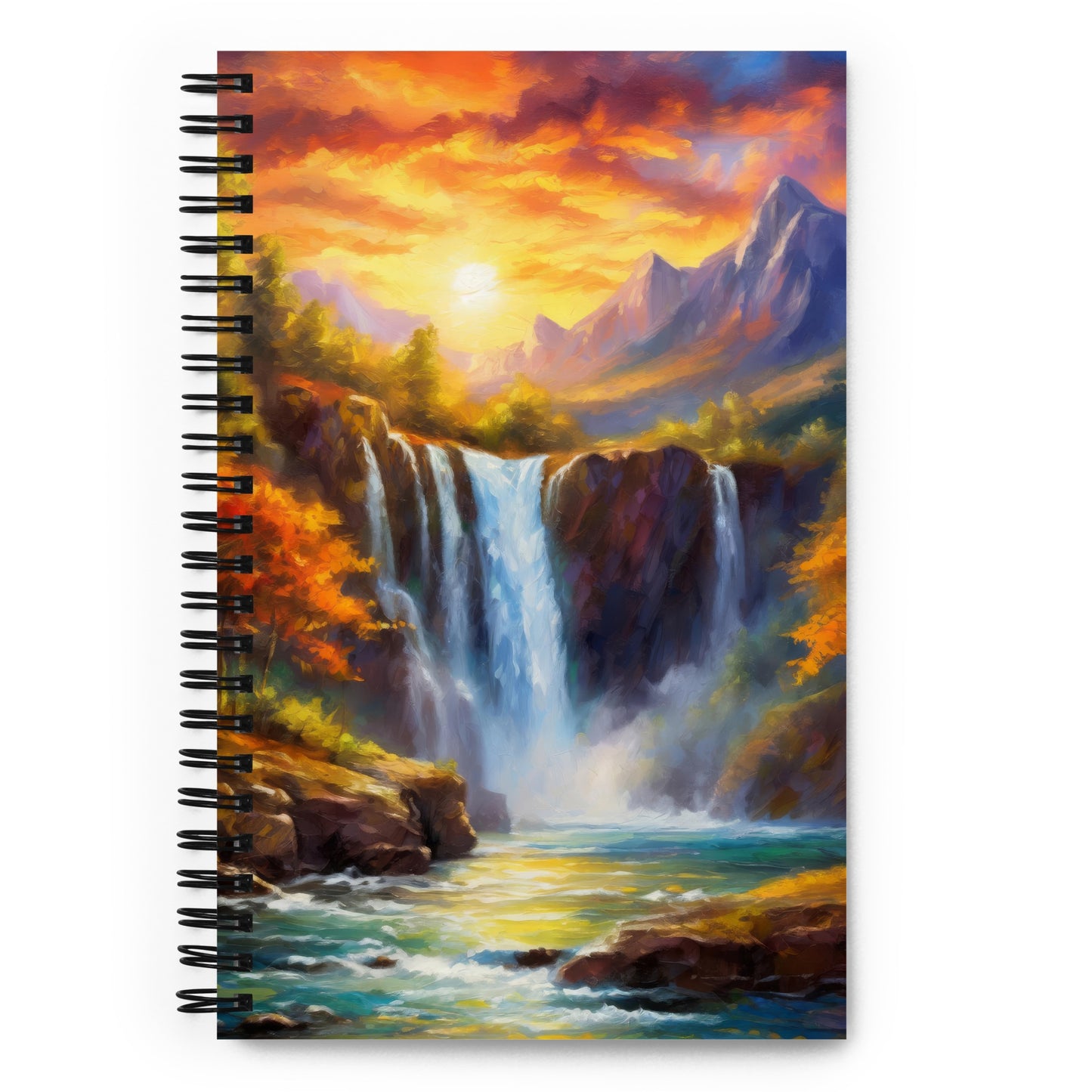 Scenic Mountain Range Spiral Notebook – Autumn Sunset, Majestic Waterfall, Colorful Artistic Cover, Perfect for Home & Country Décor Gift
