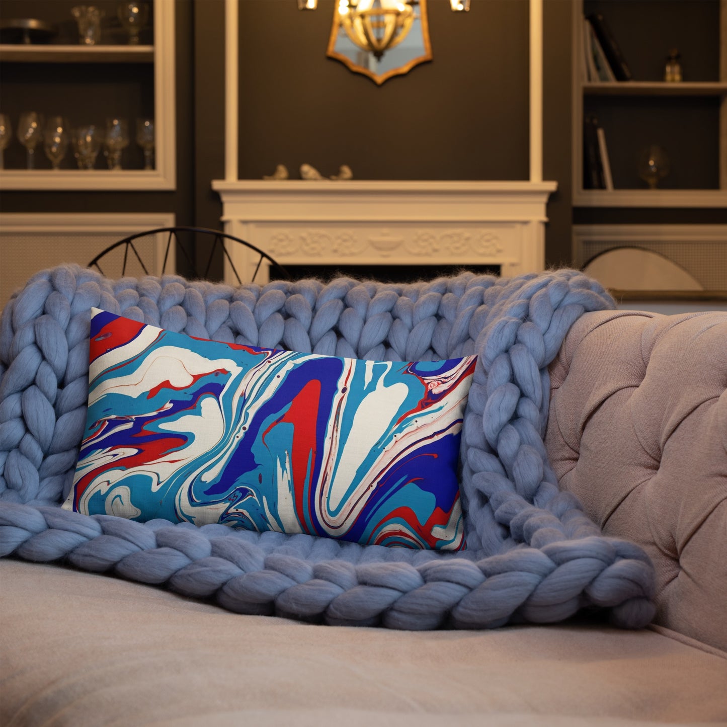 Premium Pillow With Vibrant Red, White, and Blue Acrylic Flow Painting - Elegant Abstract Art Gift For Bedroom And Living Room Couch Decor