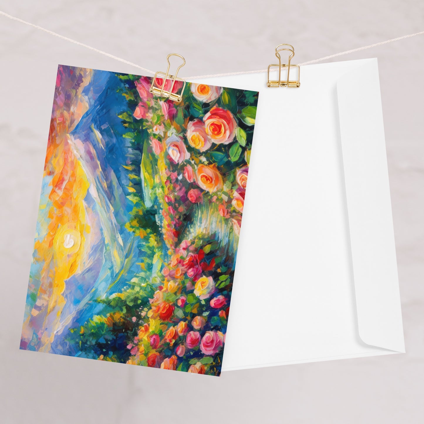 Majestic Mountain Sunset Greeting Card - Vibrant Oil Painting with Rose Path - Stylish, Peaceful & Colorful Nature Scene - A Great Gift Idea