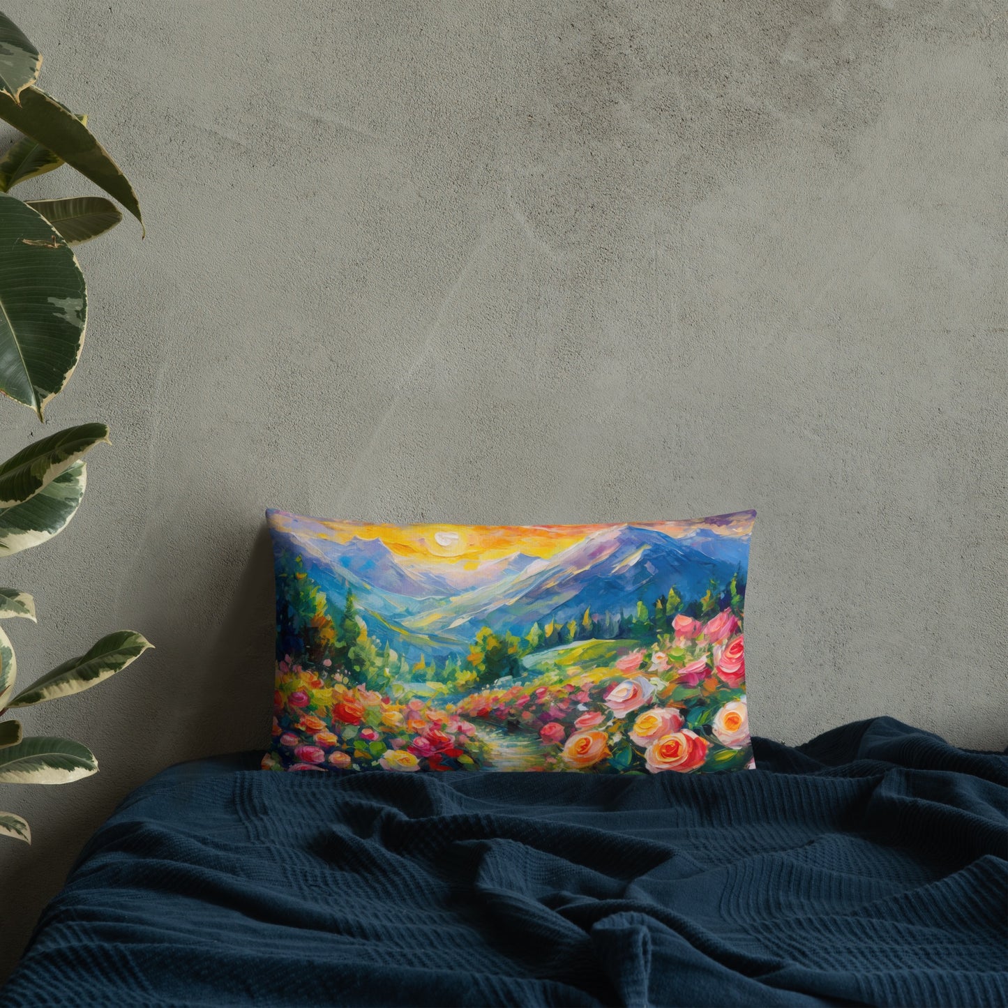 Premium Pillow With Mountain Sunset And Vibrant Rose Path - Nature-Inspired Oil Painting Home Décor - Cozy, Artistic Cushion - A Great Gift
