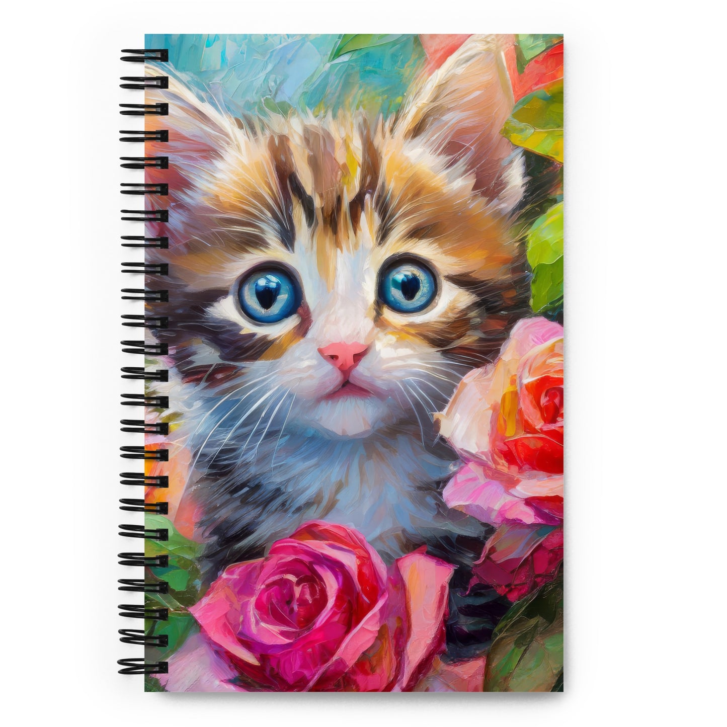 Adorable Kitten In Rose Bush Spiral Notebook - Vibrant, Stylish, And Colorful Oil Painting - Perfect Gift For Nature, Cat, And Flower Lovers