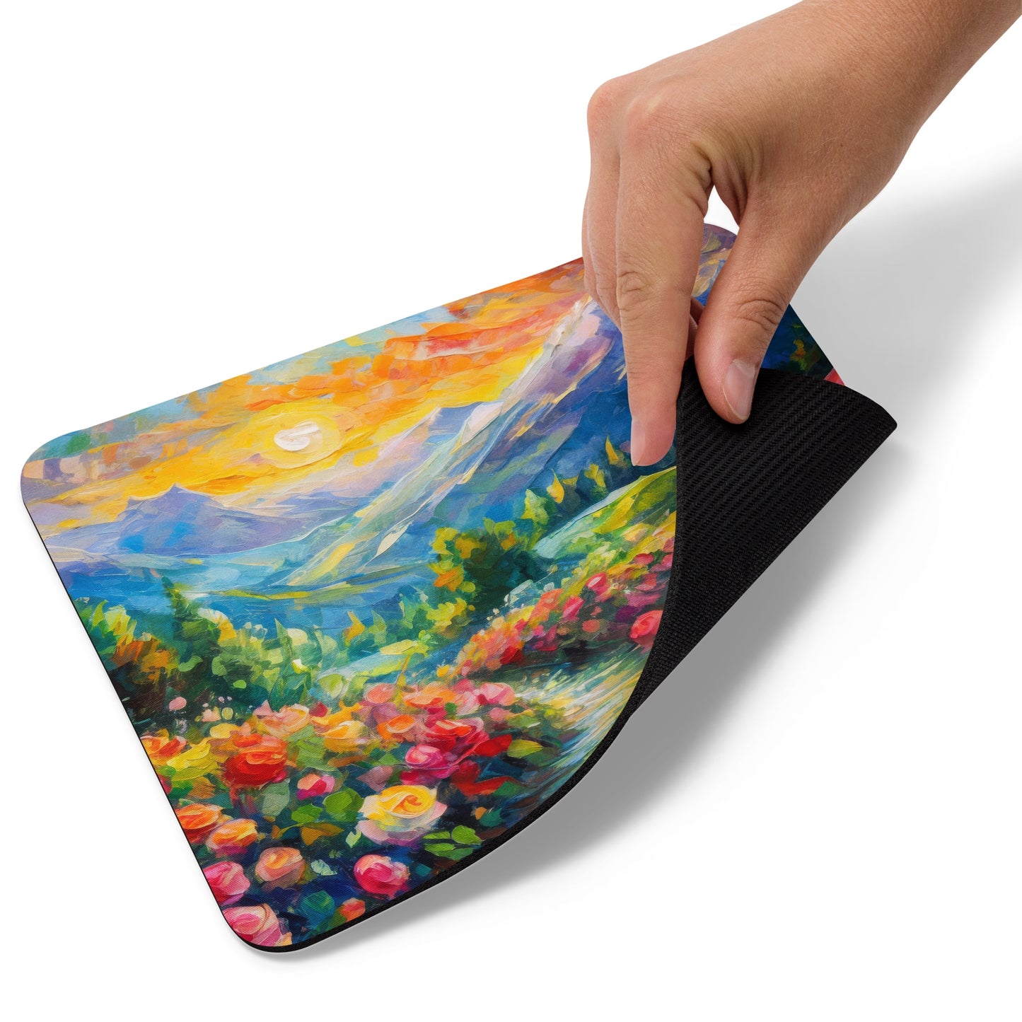 Scenic Mountain Sunset Mouse Pad with Rose Path - Vibrant Oil Painting Desk Accessory - Nature Art for Office, Gaming, and Home Décor
