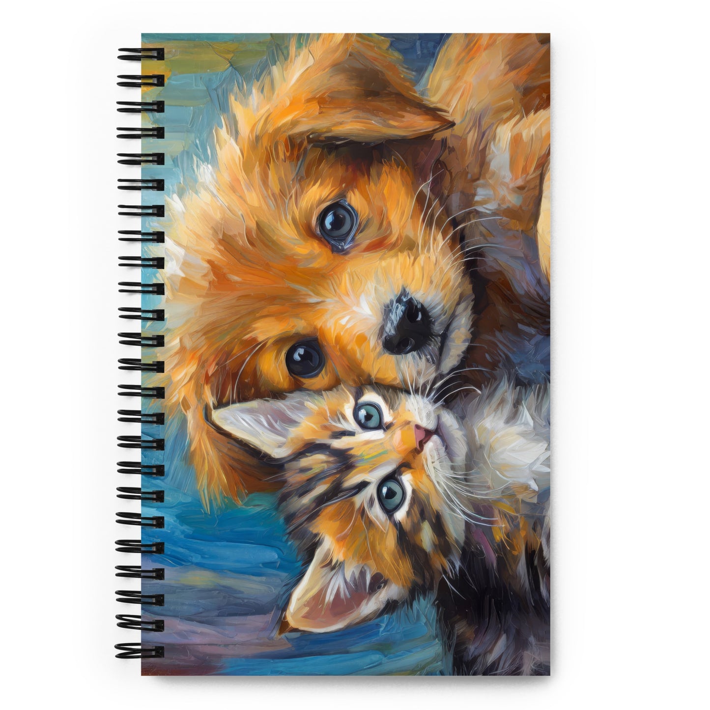 Spiral Notebook With Cute Oil Painting of Kitten And Puppy Cuddling | Stationary Art | Perfect Gift For Journaling, Note Taking & Pet Lovers