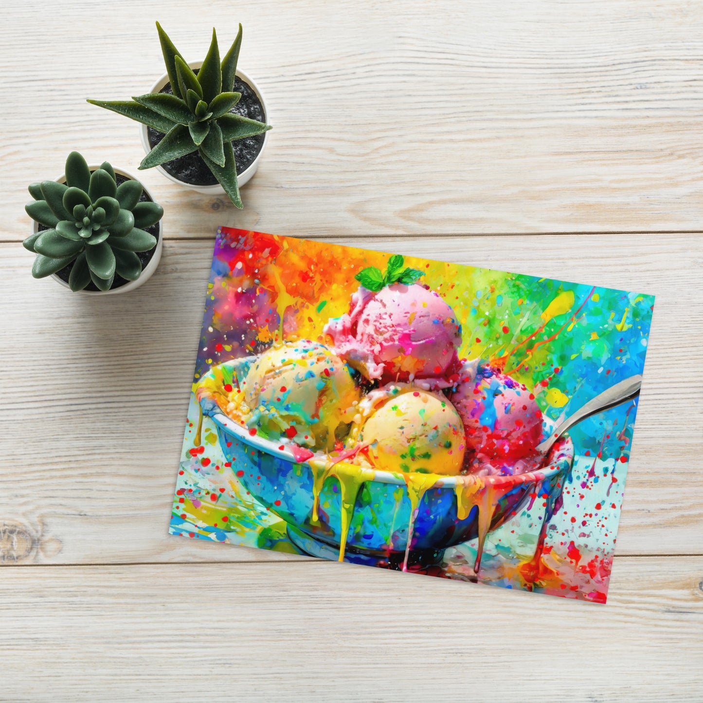 Rainbow Ice Cream Bowl Greeting Card – Vibrant Multicolored Scoops – Perfect for Kids, Birthdays, Thank You Notes, And Fun Special Occasions