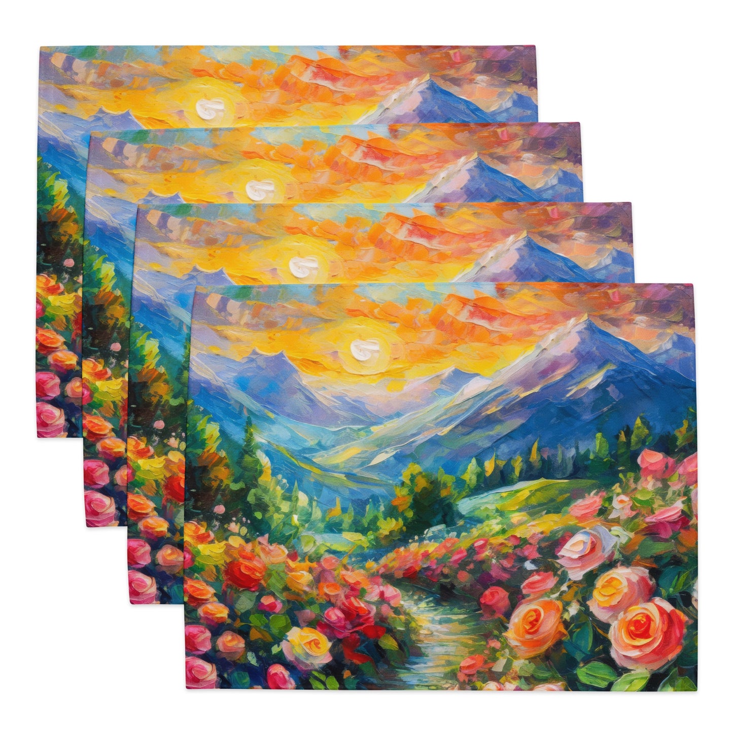 Colorful Mountain Sunset Table Placemat Set Of 4 - Scenic Oil Painting, Vibrant Roses, Perfect For Nature Lovers And Home Decor Enthusiasts