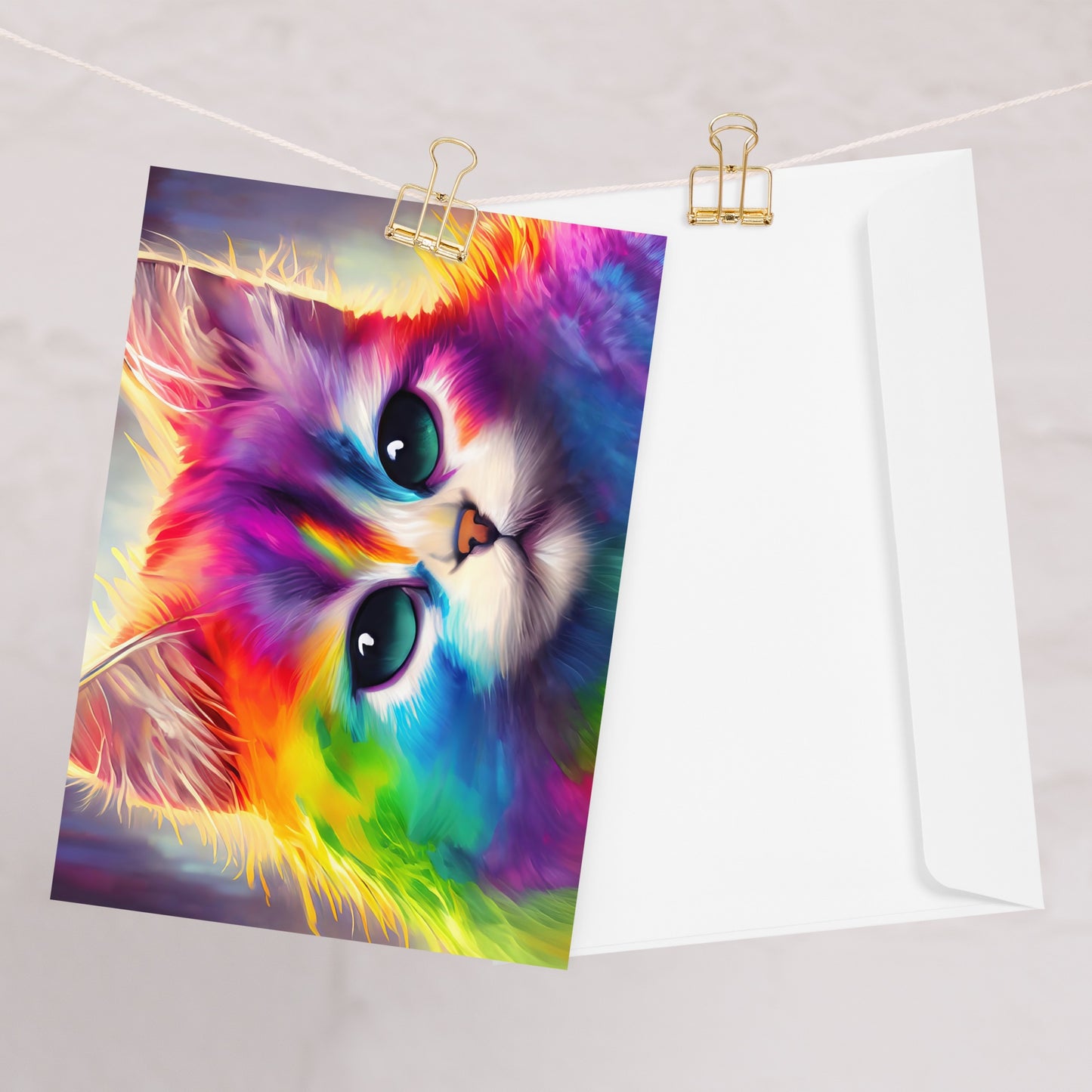 Cat With Rainbow Fur Greeting Card - Colorful and Stylish Artwork - Fun for All Ages - Perfect for Any Occasion And Great For Cat Lovers Too