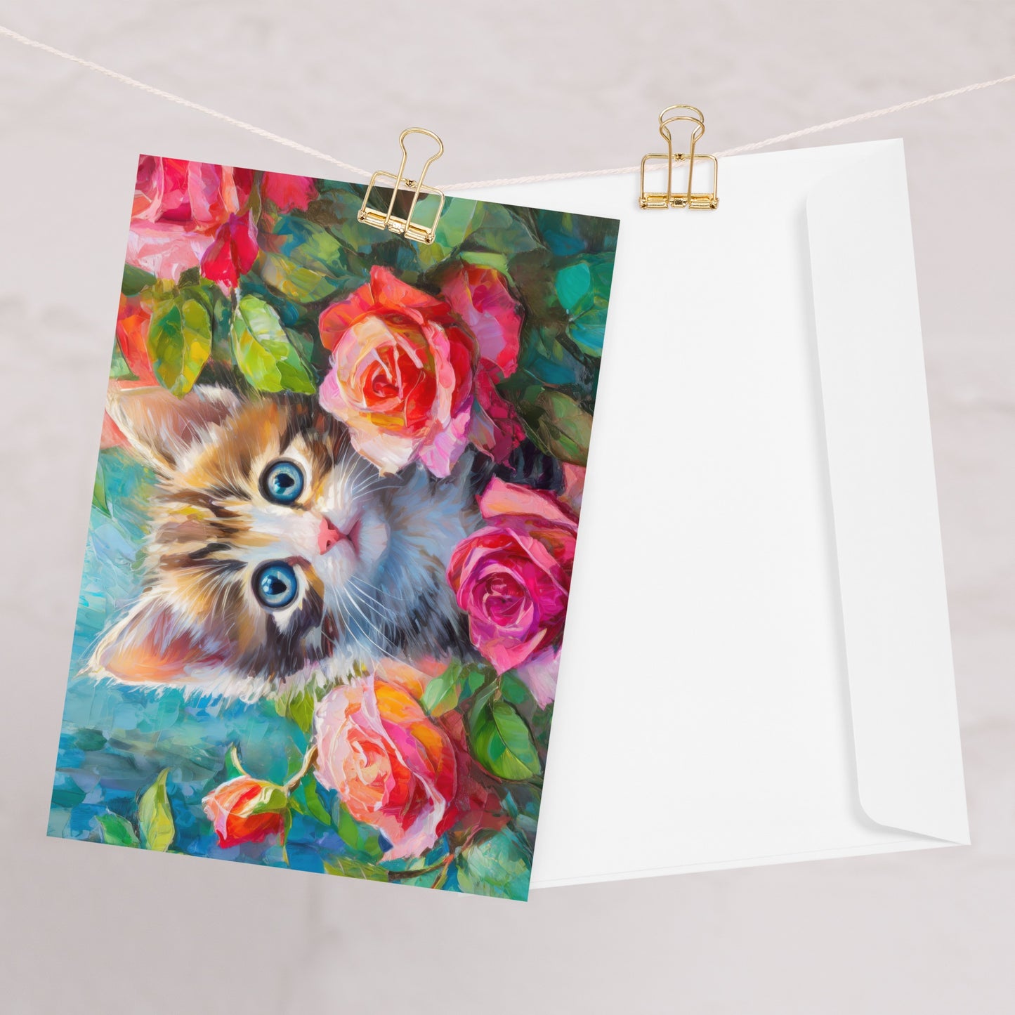 Adorable Kitten In Rose Bush Greeting Card - Vibrant Oil Painting - A Perfect Gift For Cat, Nature & Flower Lovers - Premium Print Quality