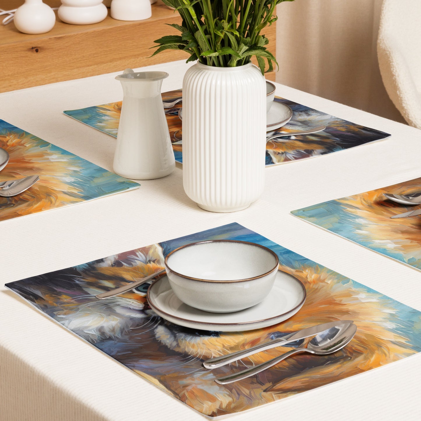 Adorable Kitten And Puppy Table Placemat Set of 4 - Colorful Oil Painting, Perfect Gift For Kids, Pet Lovers, And Art Enthusiasts