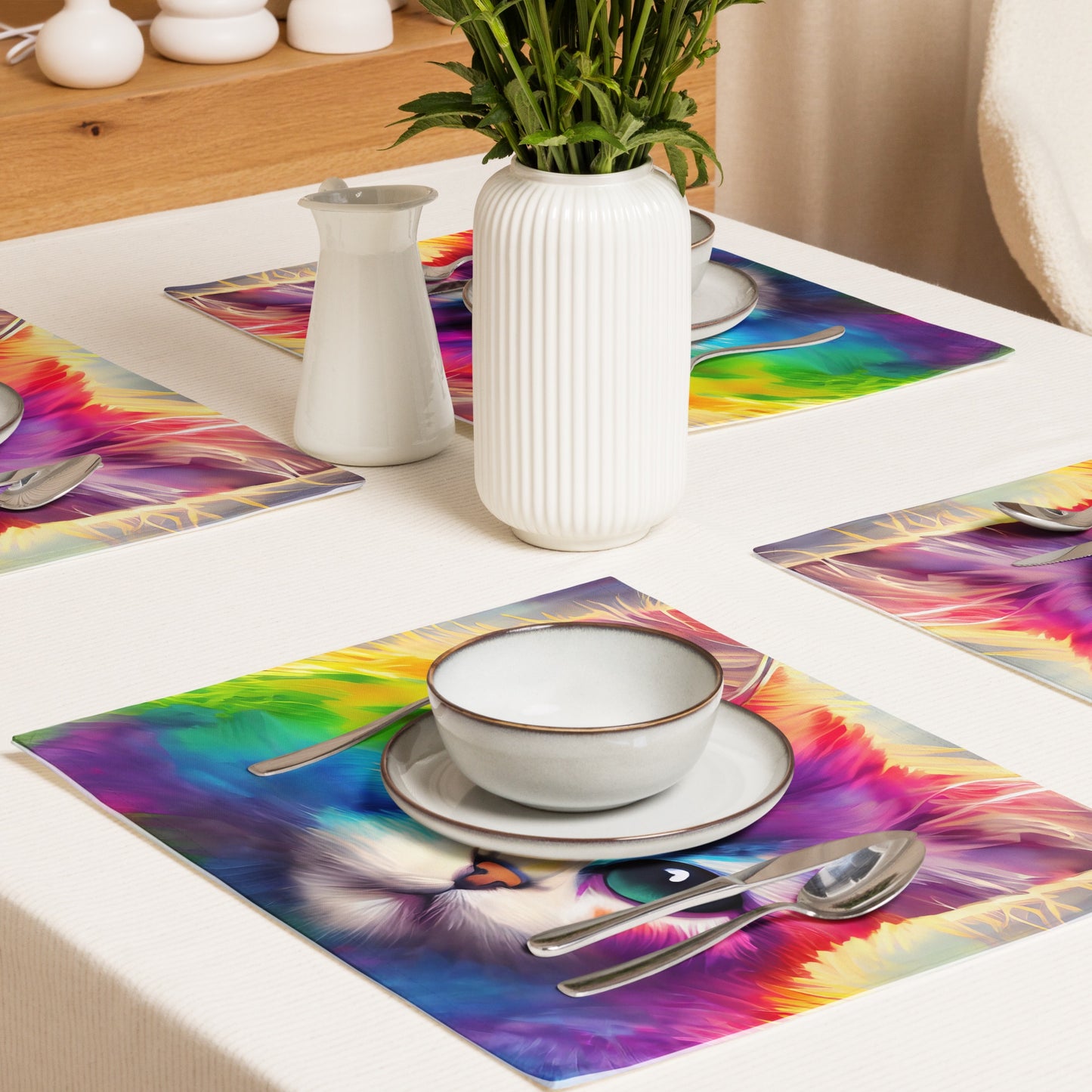 Rainbow Fur Cat Table Placemat Set Of 4 - Vibrant And Fun Painting, Perfect Gift For Kids, Pet Lovers, And Art Enthusiasts