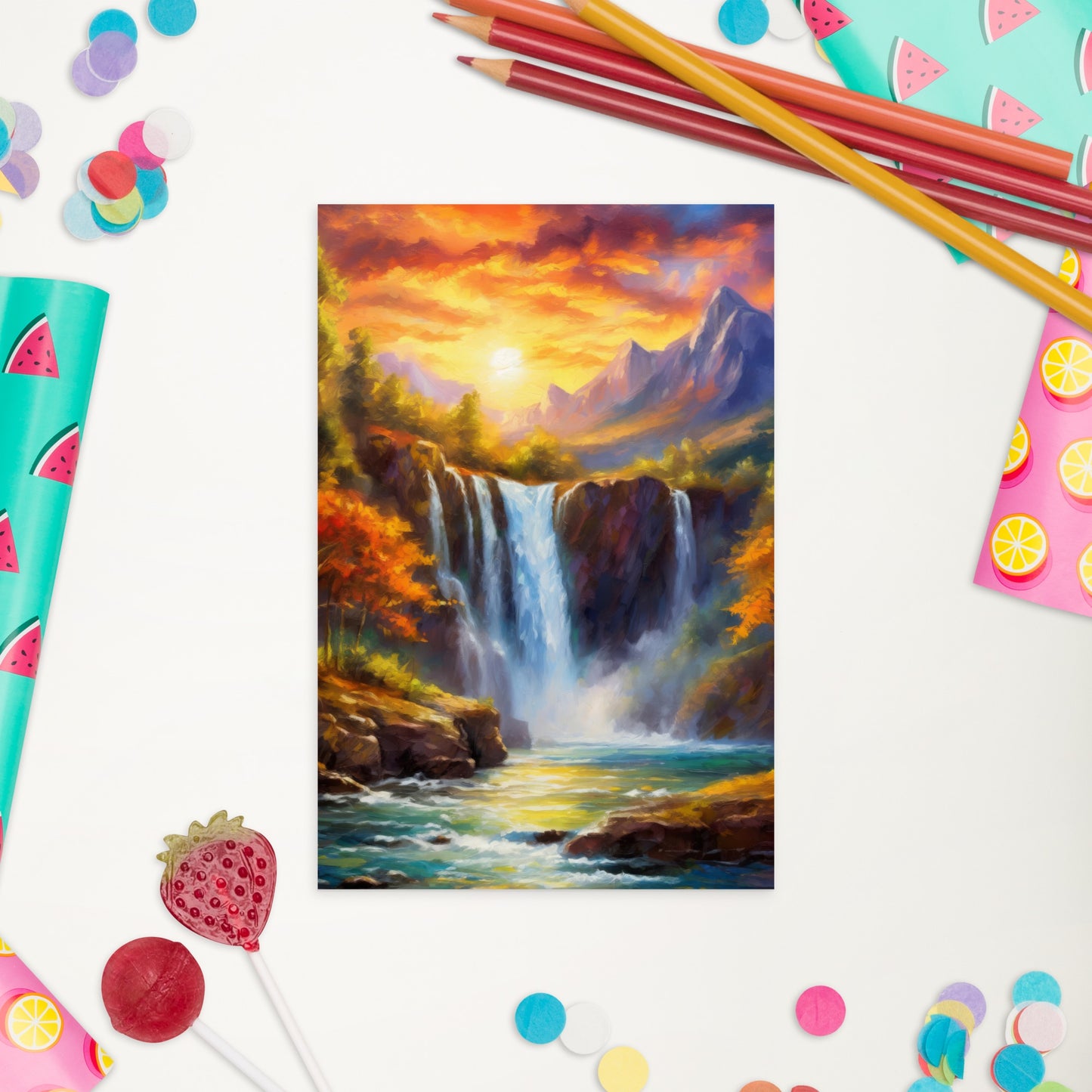 Scenic Mountain Waterfall Postcard - Autumn Sunset Oil Painting - Vibrant and Stylish Home & Country Décor - Perfect Gift For Nature Lovers