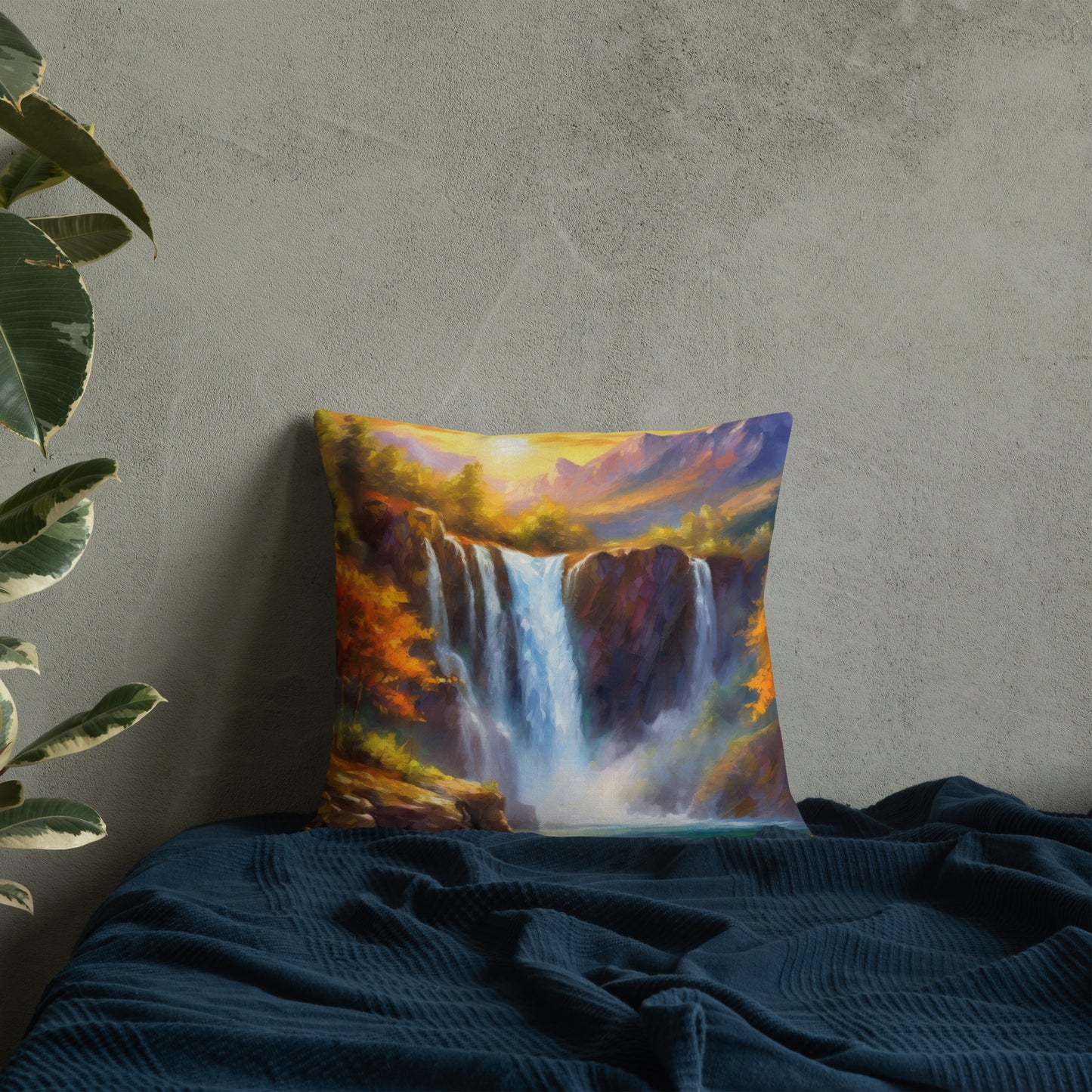 Premium Pillow with Scenic Mountain Range Oil Painting – Autumn Sunset, Waterfall, Colorful Home & Country Décor - A Perfect Gift Idea