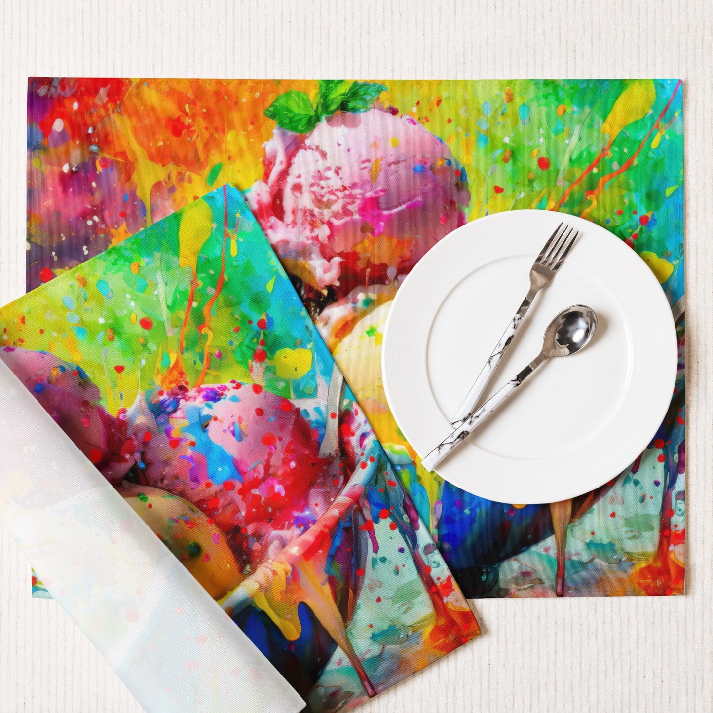Colorful Ice Cream Table Placemat Set of 4 - Vibrant Oil Painting, Rainbow Background, Perfect for Fun and Festive Occasions