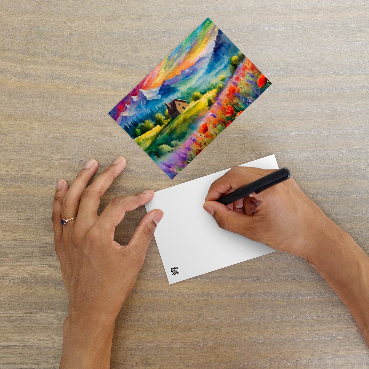 Majestic Mountain Sunset Postcard - Van Gogh Style Scenic Art With Cabin And Flower Fields - Perfect Gift As Vibrant Art & Stationary Décor