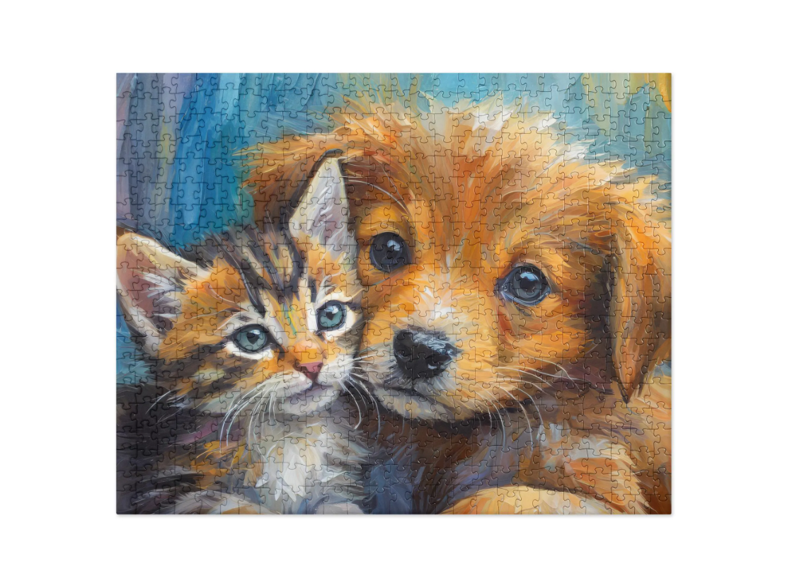Adorable Kitten And Puppy Jigsaw Puzzle - Vibrant And Stylish Oil Painting, Perfect Gift For Kids, Families, Pet Lovers And Art Enthusiasts