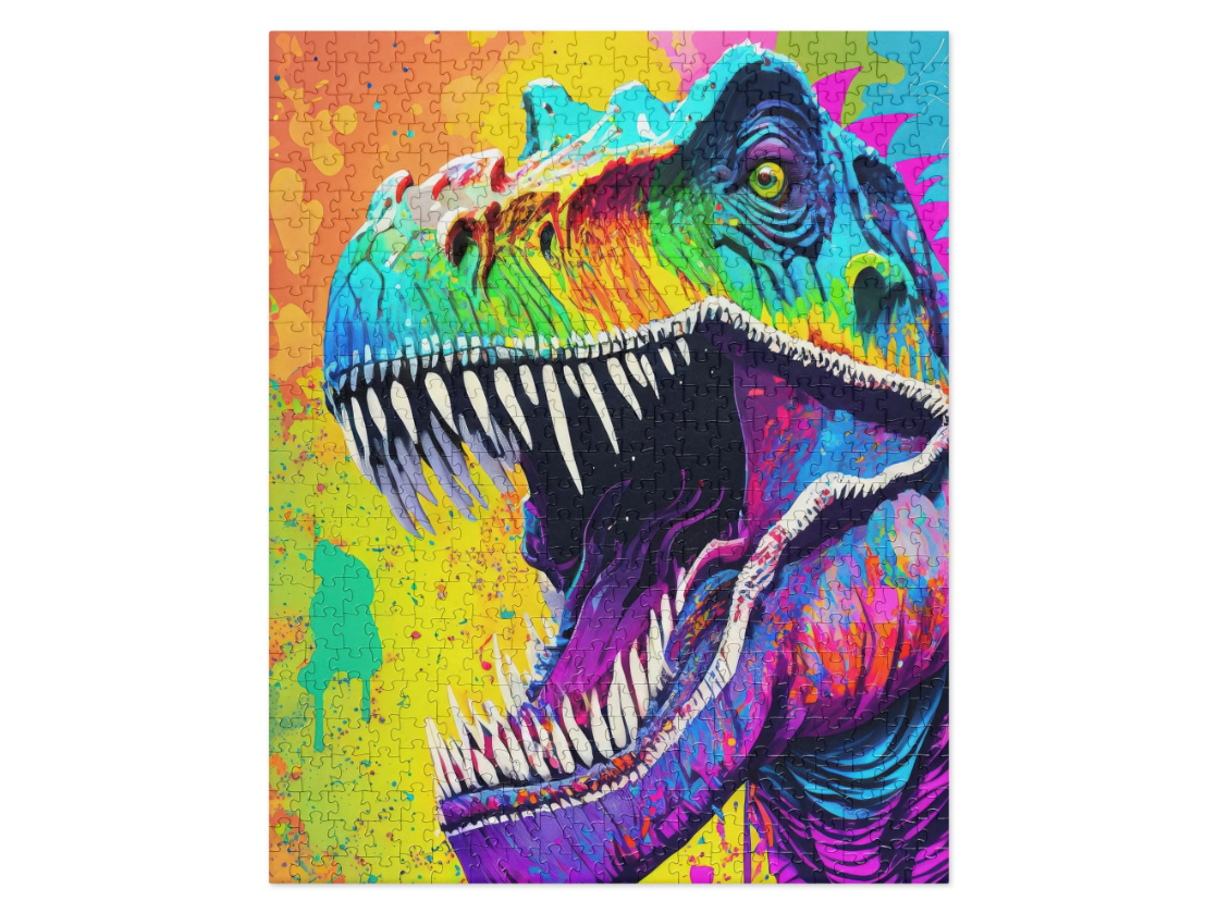 Colorful Psychedelic T-Rex Jigsaw Puzzle - Vibrant Pop Art - Fun Activity For Kids & Families - Gift For Alternative And Graffiti Art Lovers