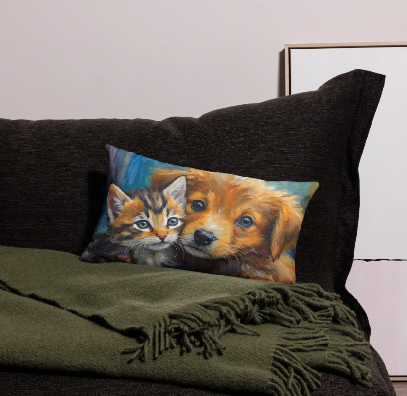 Premium Pillow Case - Cute Cuddling Kitten & Puppy - Beautiful Oil Painting - Soft, Cozy Pet Lover's Décor - Perfect Gift For Animal Lovers