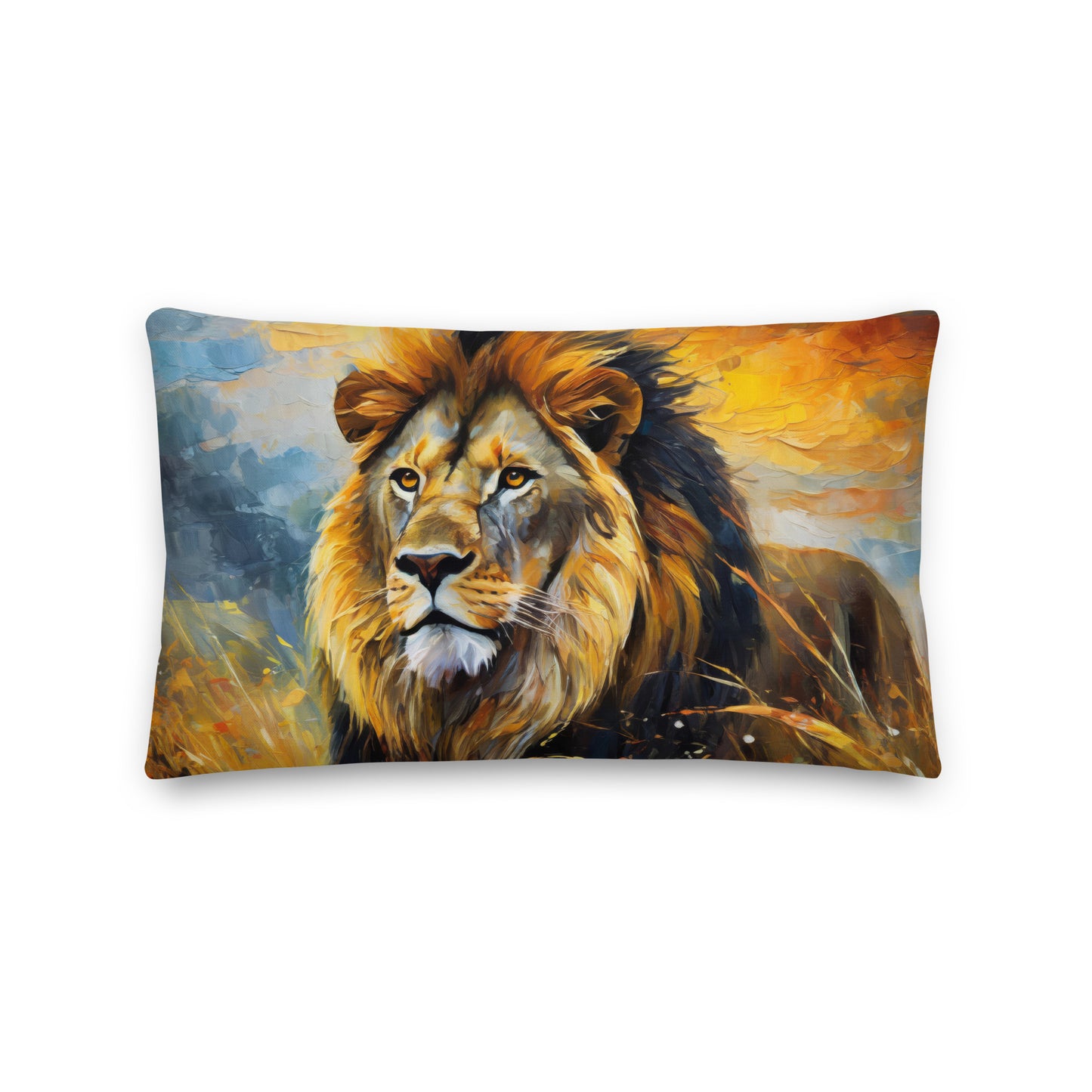 Majestic African Lion Premium Pillow - Vibrant Oil Painting Of Lion In Golden Fields Under Evening Sky - Stylish & Colorful Décor For Home