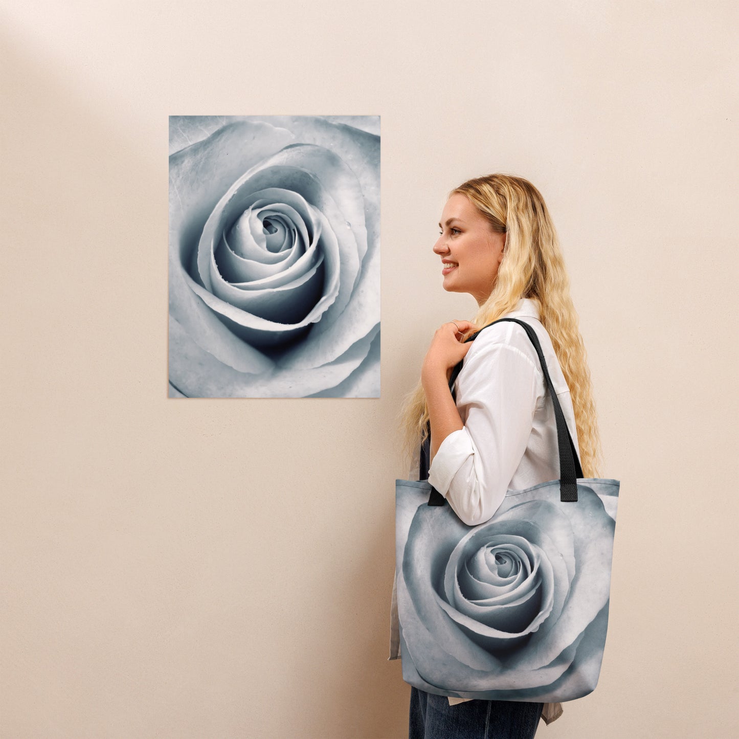 Elegant White Rose Macro Photograph On Fine Art Tote Bag | Perfect Gift For Contemporary Art, Nature, Flower & B&W Photography Lovers