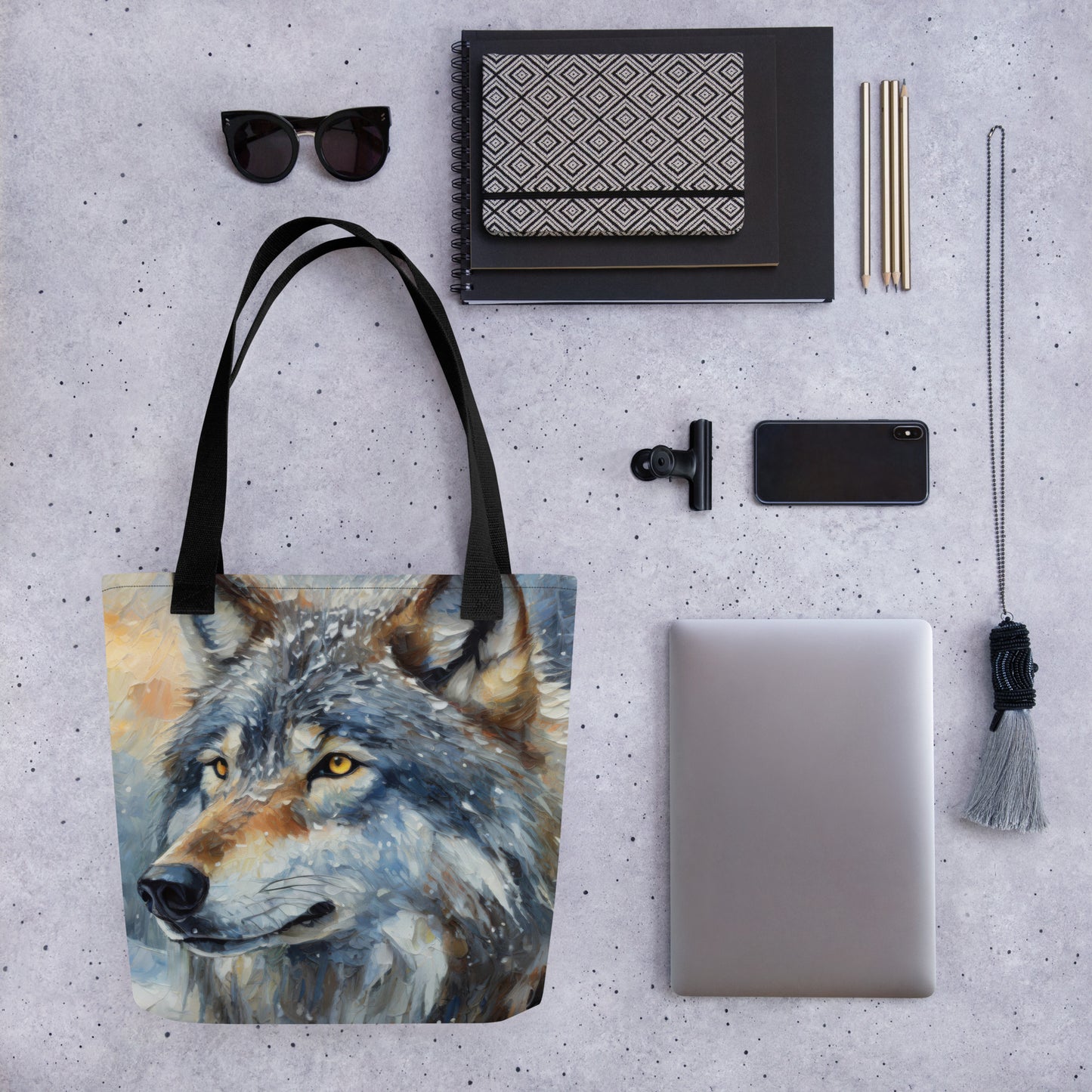 Beautiful Grey Wolf Tote Bag - Vibrant Oil Painting, Winter Landscape, Perfect Gift For Nature & Wildlife Lovers, Home Décor And Shopping