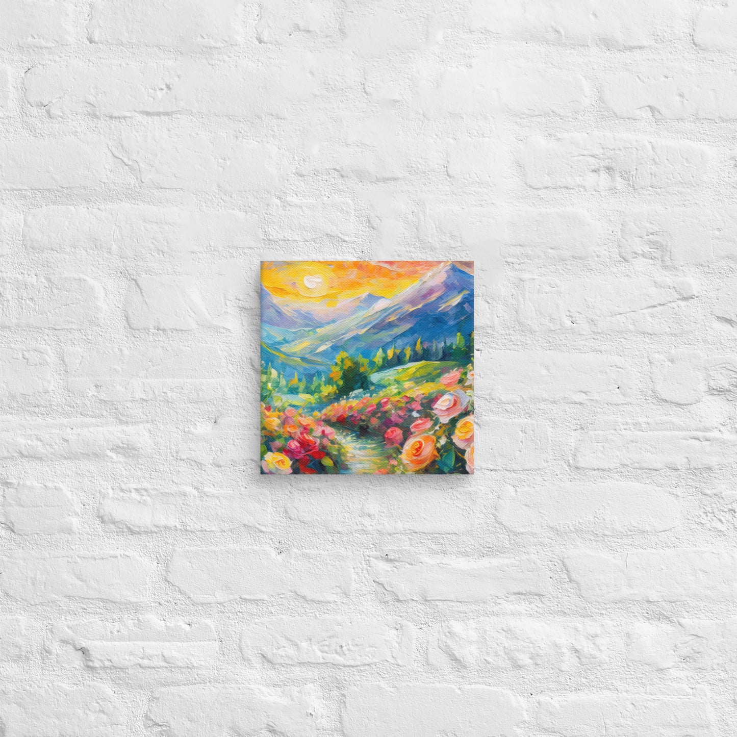 Majestic Mountain Range At Sunset Oil Painting Canvas - Vibrant Roses, Grassy Path, Home & Country Wall Decor - Perfect For Nature Lovers