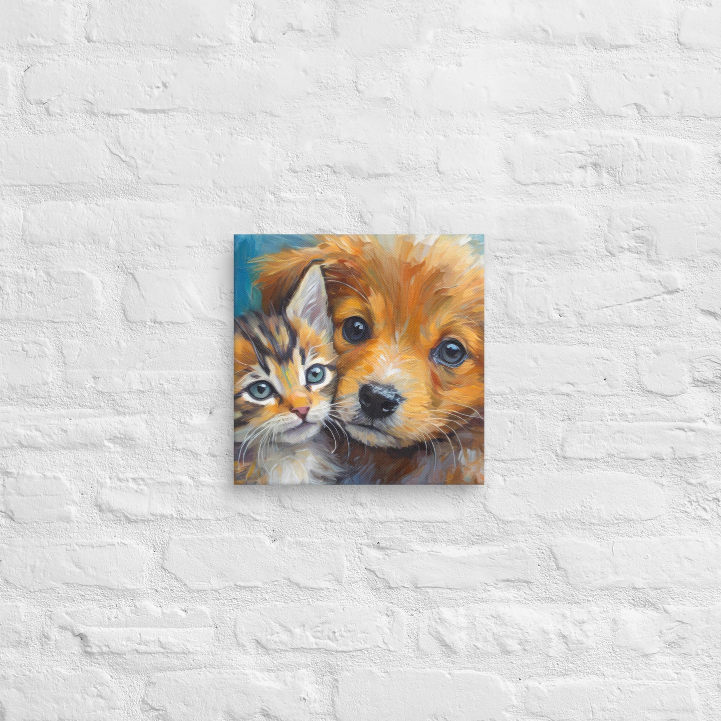 Vibrant Kitten And Puppy Cuddling Oil Painting – Colorful Fine Art Canvas – Perfect Decor Gift For Kids, Pet Lovers, Dog & Cat Enthusiasts