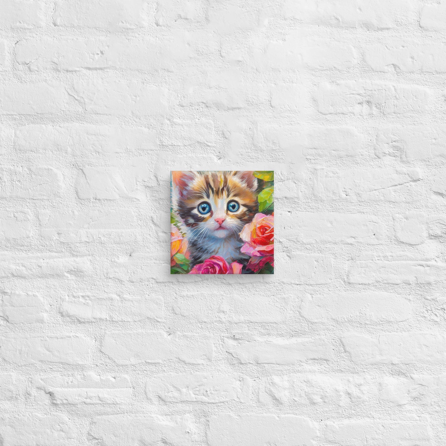 Adorable Kitten An Rose Bush Oil Painting Canvas - Perfect For Home, Bedroom, Office Decor & Gift For Kids, Nature, Cat, And Flower Lovers