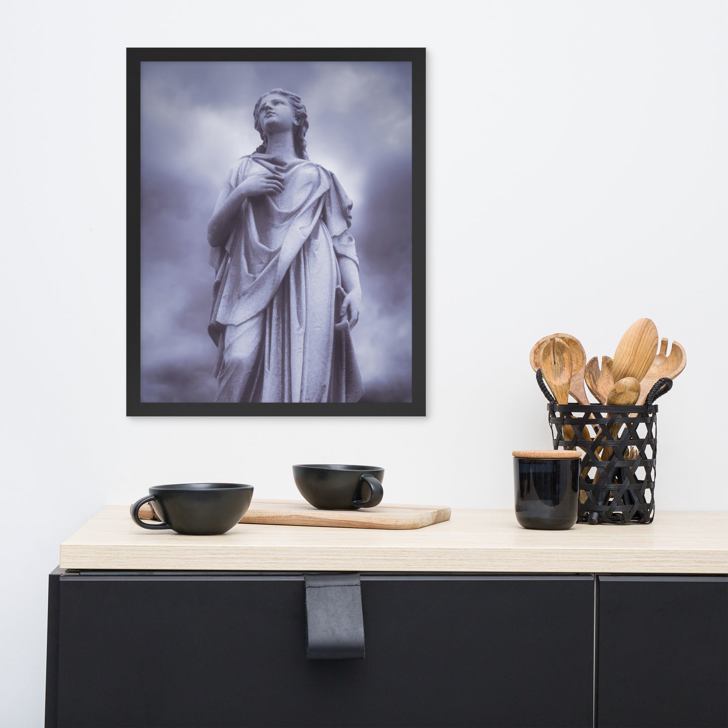 Milady - Elegant Framed Art Poster - Beautiful Statue Of A Woman With A Stormy Sky In Blue Tones - Perfect Gift For Art Lovers