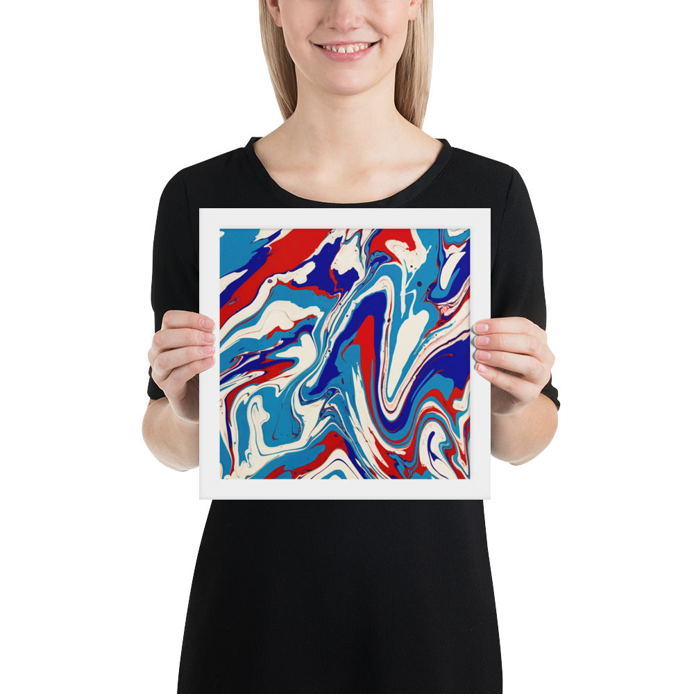 Vibrant Red, White & Blue Flow Acrylic Painting Framed Fine Art Poster Print - Elegant Abstract Modern Art for Home And Office Wall Décor