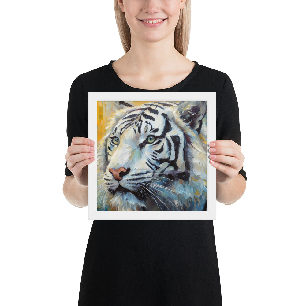 Majestic White Tiger Oil Painting Framed Poster Print - Vibrant, Stylish, Art Gift for Nature & Wildlife Lovers, Home And Office Wall Décor