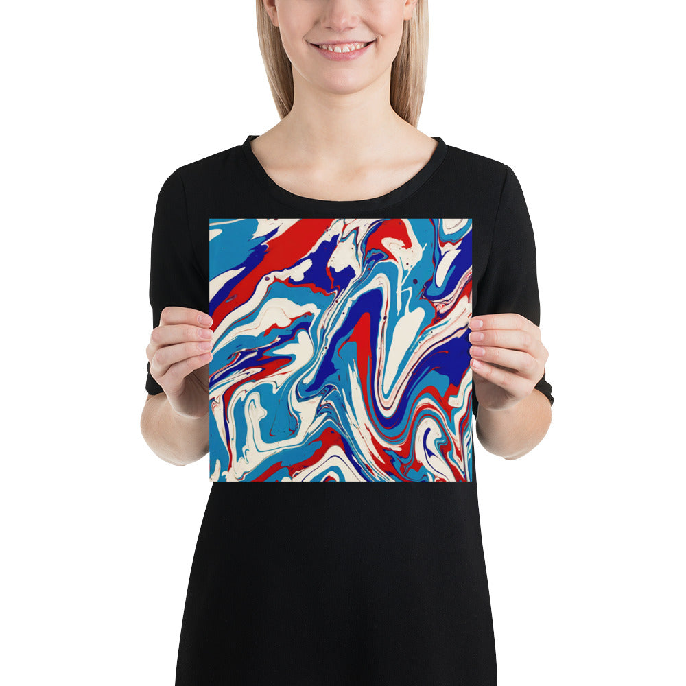 Fine Art Poster Print Of Vibrant Red, White, And Blue Acrylic Flow Painting - Elegant Abstract Art Gift For Home And Office Wall Decor