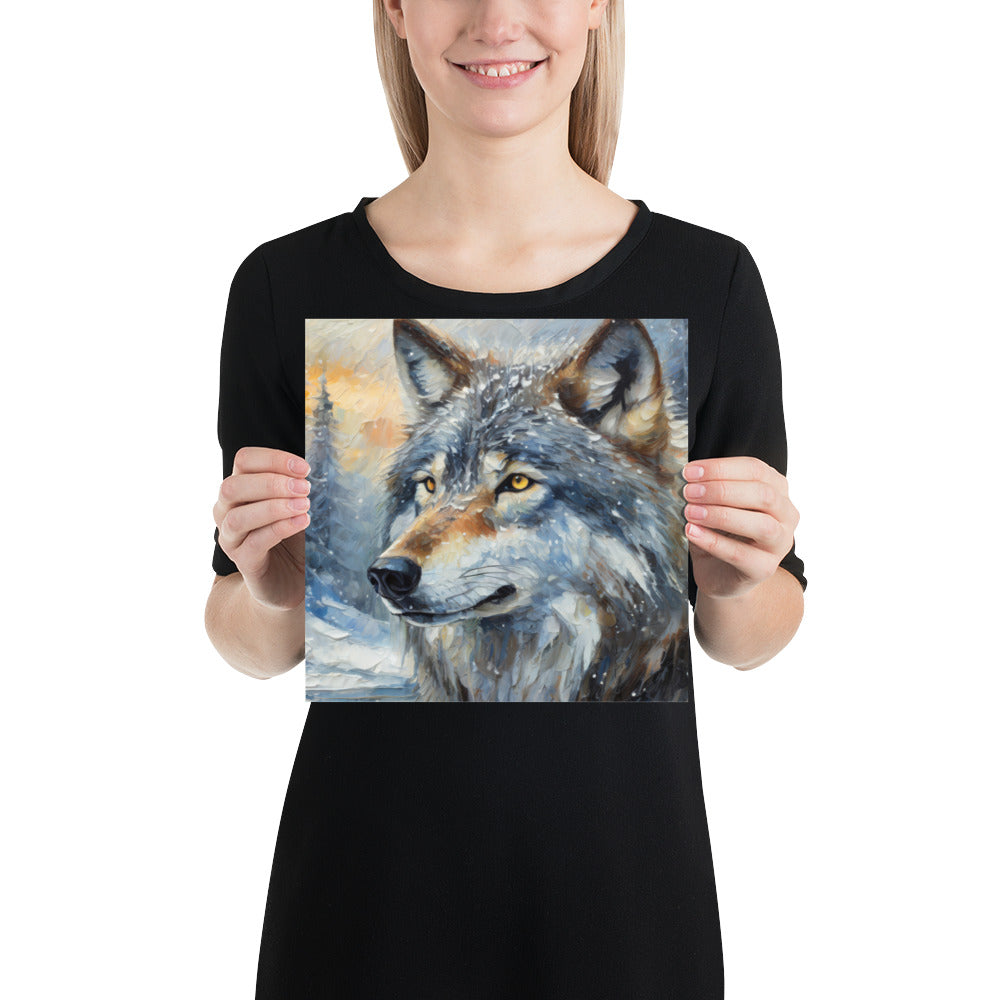 Beautiful Grey Wolf Fine Art Poster Print - Vibrant Oil Painting, Winter Landscape, Great Gift And Home Decor For Nature & Wildlife Lovers