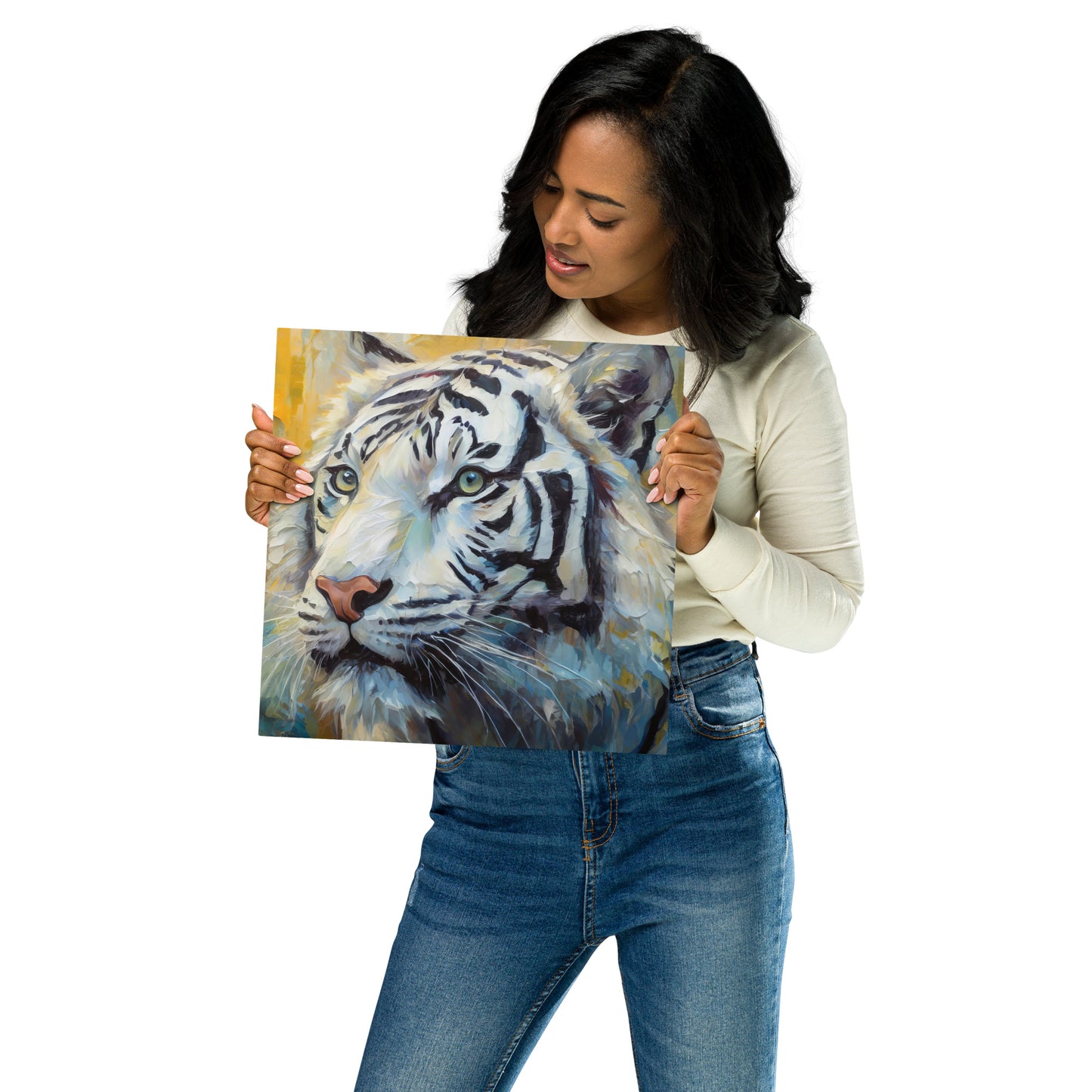 Majestic White Tiger Oil Painting Metal Print - Vibrant, Stylish, Fine Art Gift For Nature & Wildlife Lovers, Home And Office Wall Décor