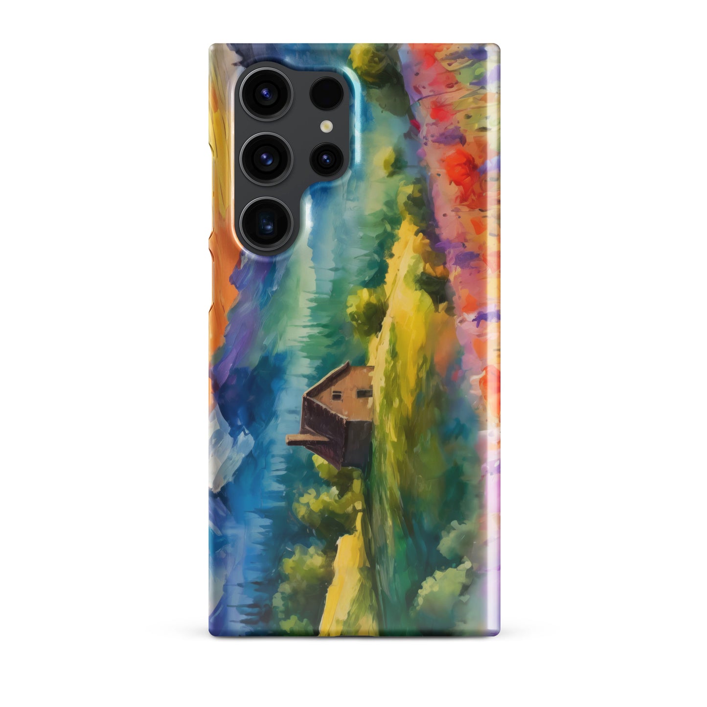 mountains, flowers, fields, sky, clouds, cabin, landscape, art, scenic