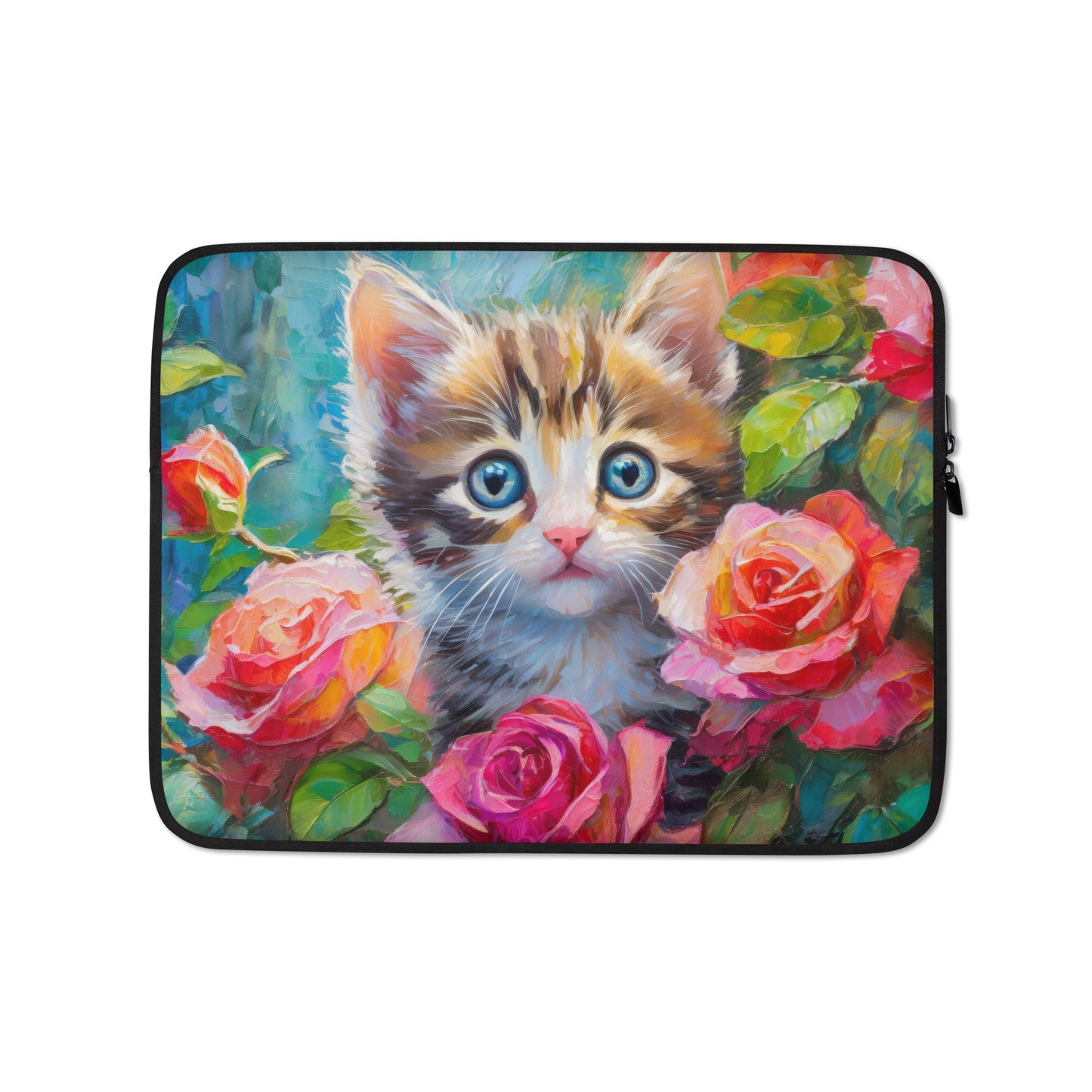 Adorable Kitten In Rose Bush Laptop Sleeve - Vibrant, Stylish & Colorful Oil Painting - Perfect Gift For Nature, Cat And Flower Lovers Alike