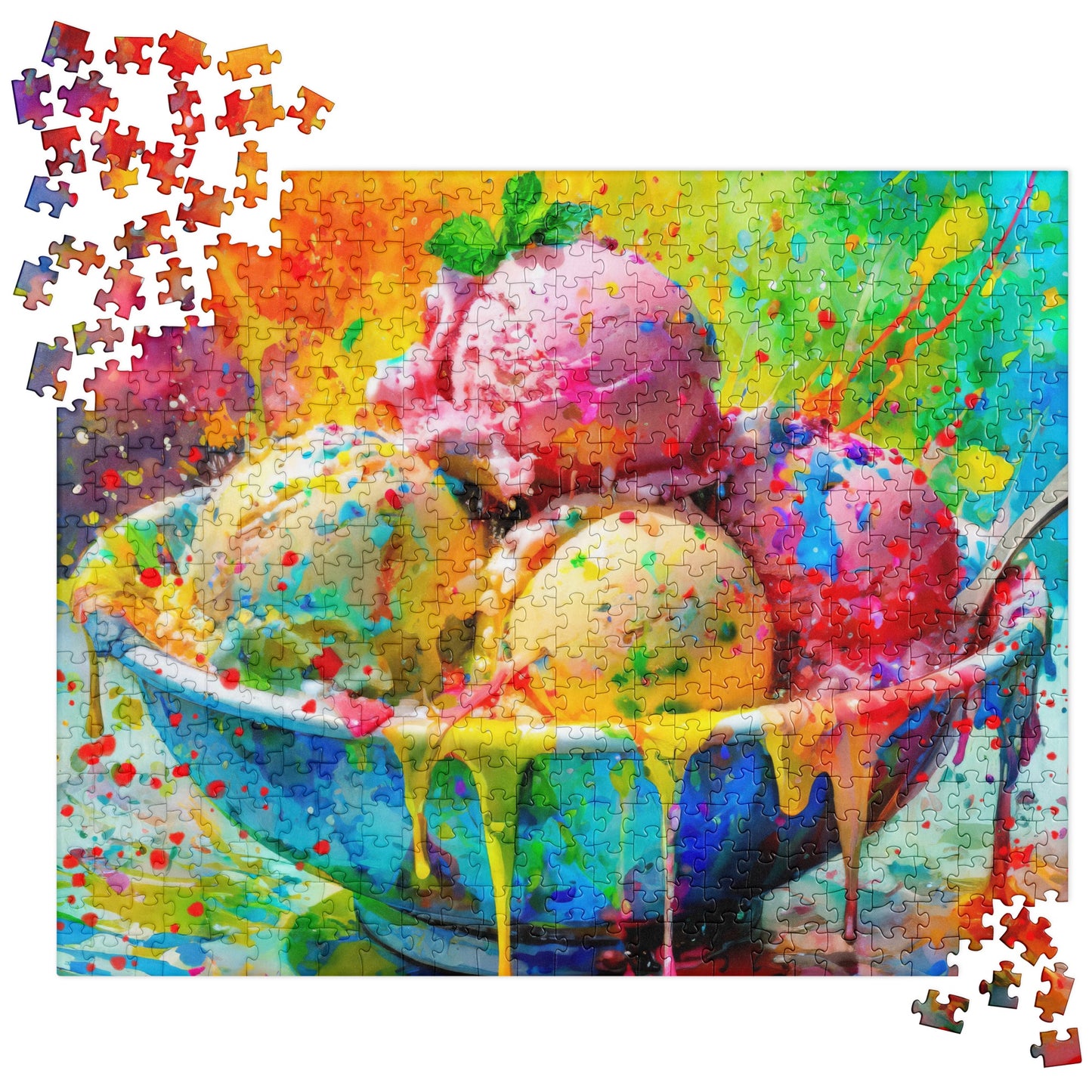 Vibrant Ice Cream Bowl Jigsaw Puzzle - Colorful Oil Painting with Rainbow Background - Stylish & Fun Puzzle for Art Lovers - Great Gift Idea