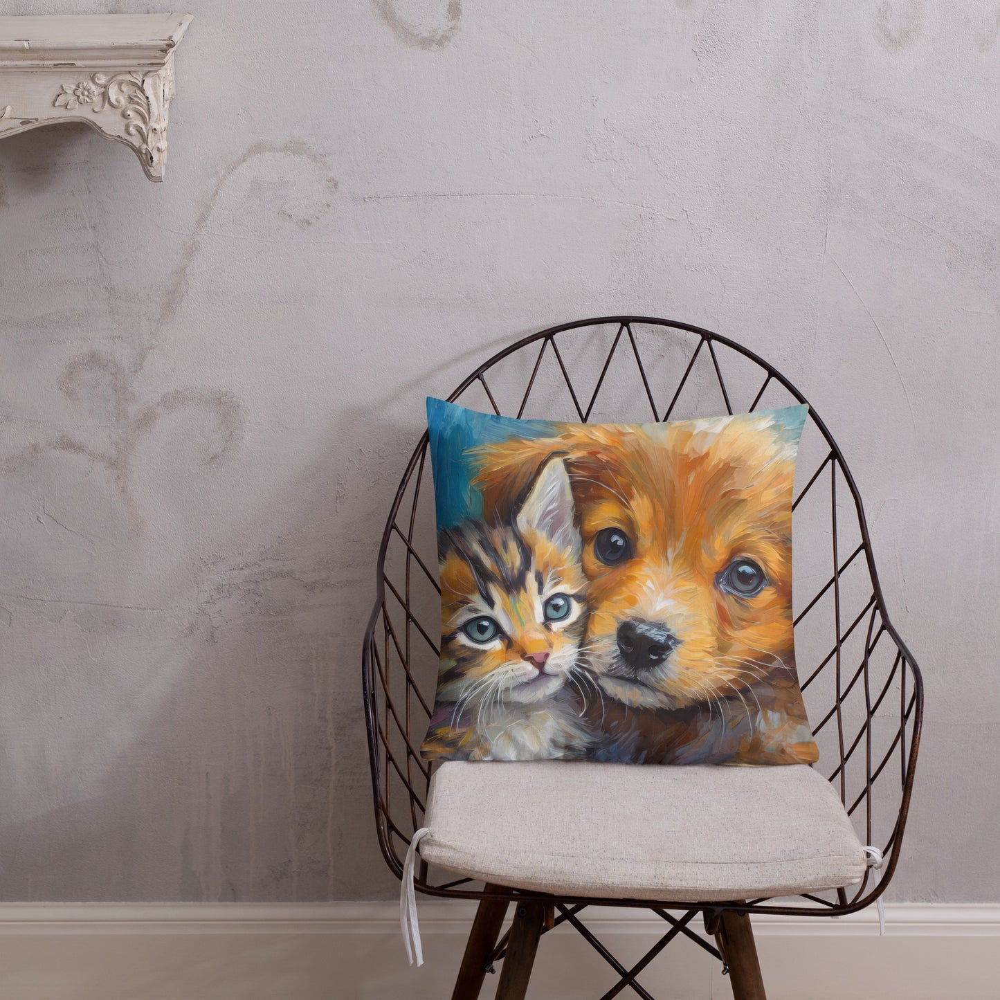 Premium Pillow with Vibrant Oil Painting of Kitten and Puppy Cuddling | Home Décor | Perfect Gift for Kids, Pet Lovers, Dog & Cat Lovers