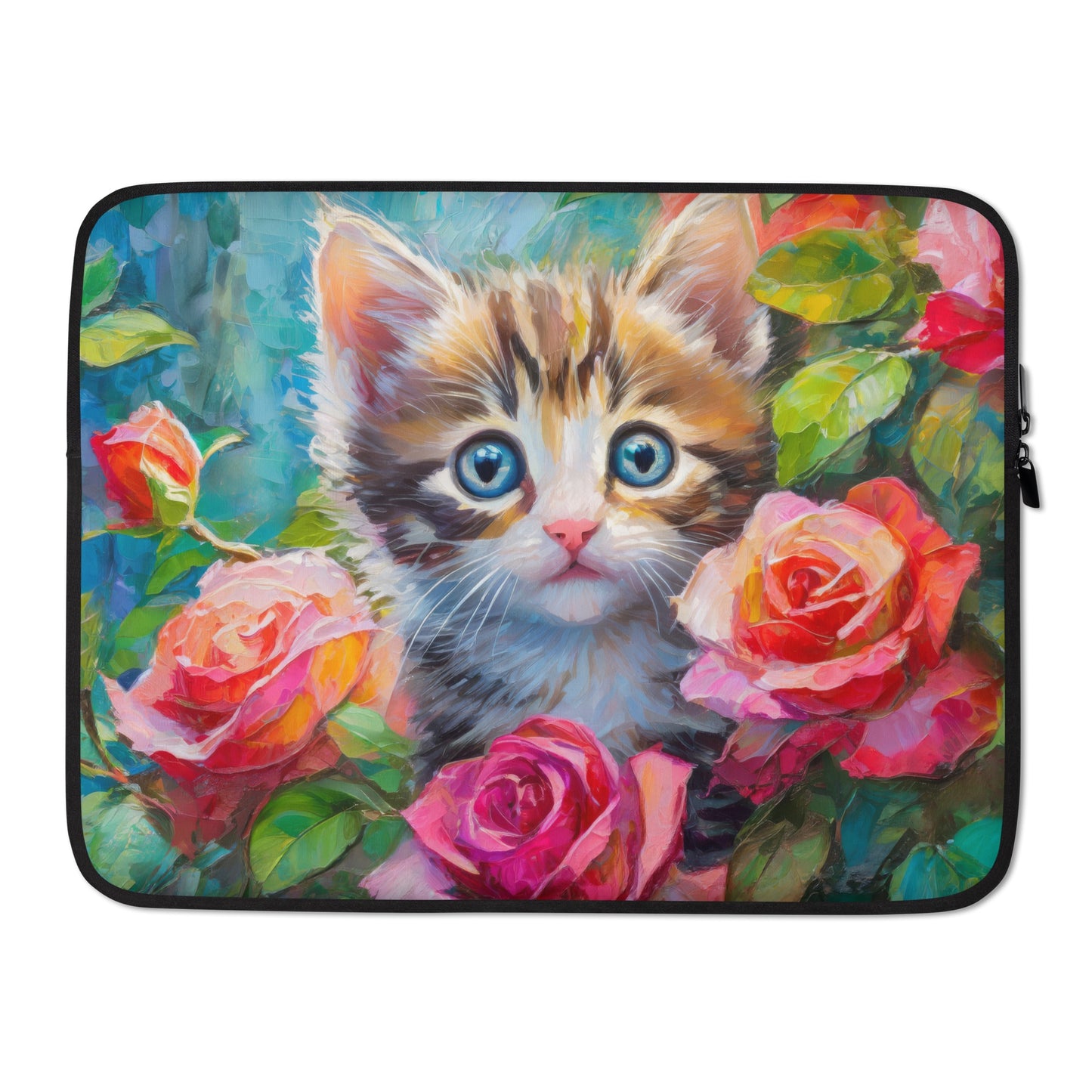Adorable Kitten In Rose Bush Laptop Sleeve - Vibrant, Stylish & Colorful Oil Painting - Perfect Gift For Nature, Cat And Flower Lovers Alike