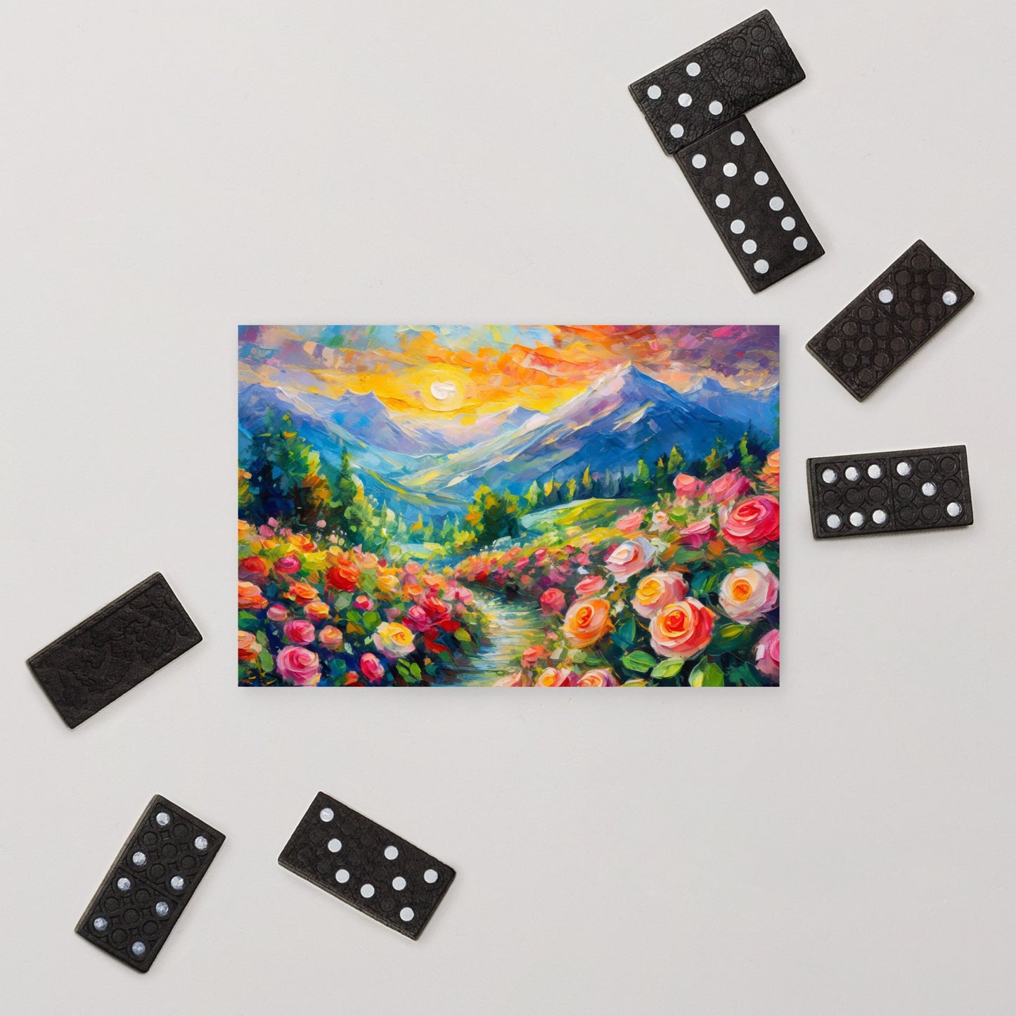 Majestic Mountain Sunset Postcard - Vibrant Oil Painting With Roses & Grass Path - Stylish, Colorful Scenic View - Great For All Occasions